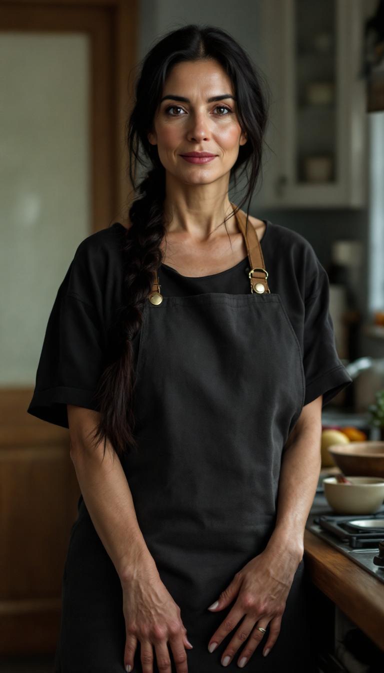 Tall, thin mature woman in her mid 40s. Long black hair, bound in a neat braid to her waist. Dressed in a dark cotton dress. With a kitchen apron. Standing in an older style kitchen.