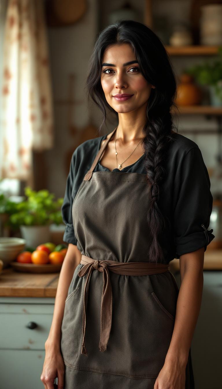 Tall, thin mature middle eastern woman in her mid 40s. Long black hair, bound in a neat braid to her waist. Dressed in a dark cotton dress. With a kitchen apron. Standing in an older style kitchen.
