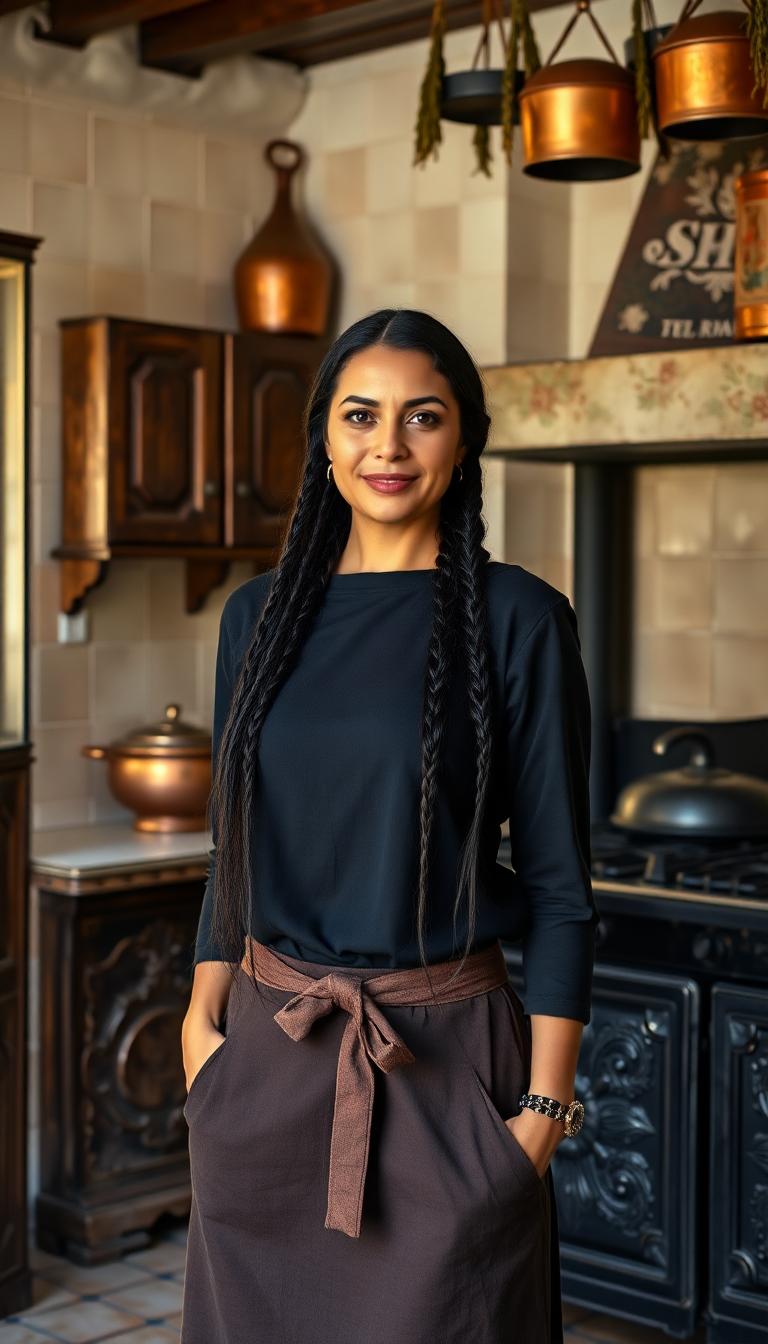 A tall, slender Middle Eastern woman in her mid-40s, exuding elegance and warmth, with striking features and a gentle expression. Her long, jet-black hair is neatly braided, cascading down to her waist with a glossy sheen. She wears a simple yet refined dark cotton dress, modestly tailored, paired with a well-worn kitchen apron tied around her waist, hinting at hours spent cooking. She stands confidently in an older-style kitchen, characterized by rustic charm—think vintage tiled walls in muted earth tones, worn wooden cabinets with intricate carvings, and a large, heavy cast-iron stove in the background. Copper pots and dried herbs hang from the ceiling, adding texture and authenticity to the scene. The composition focuses on her as the central figure, captured from a slight low angle to emphasize her height and poise, with soft, natural light streaming through a nearby window, casting warm golden hues and subtle shadows across the room. The mood is cozy and nostalgic, evoking a sense of timeless tradition and homely comfort, set during late afternoon with a serene, quiet atmosphere. Rendered in a realistic style with photorealistic detail, emphasizing fine textures like the grain of the wood, the folds in her dress, and the intricate patterns of the tiles, with a focus on cinematic lighting and a shallow depth of field to highlight her presence against the softly blurred background.