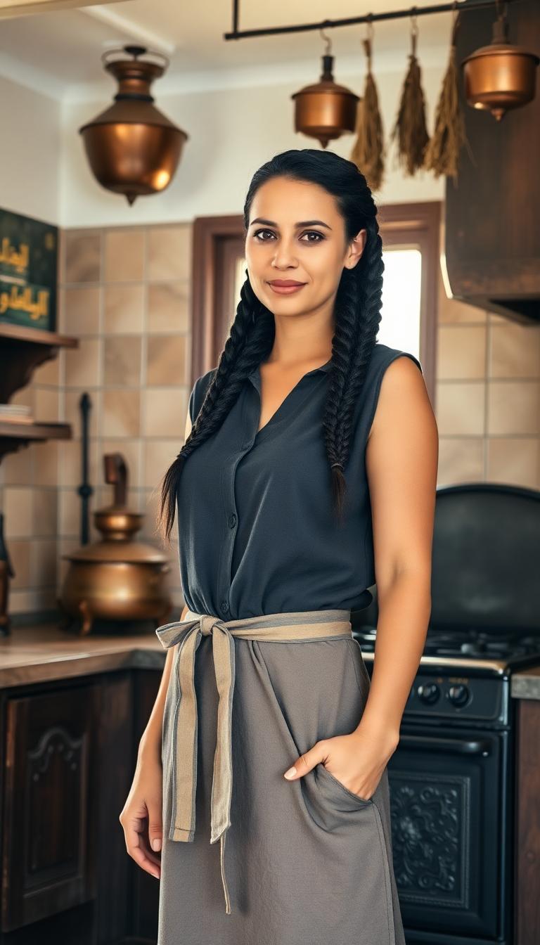 A tall, slender Middle Eastern woman in her mid-40s, exuding elegance and warmth, with striking features and a gentle expression. Her long, jet-black hair is neatly braided, cascading down to her waist with a glossy sheen. She wears a simple yet refined dark cotton dress, modestly tailored, paired with a well-worn kitchen apron tied around her waist, hinting at hours spent cooking. She stands confidently in an older-style kitchen, characterized by rustic charm—think vintage tiled walls in muted earth tones, worn wooden cabinets with intricate carvings, and a large, heavy cast-iron stove in the background. Copper pots and dried herbs hang from the ceiling, adding texture and authenticity to the scene. The composition focuses on her as the central figure, captured from a slight low angle to emphasize her height and poise, with soft, natural light streaming through a nearby window, casting warm golden hues and subtle shadows across the room. The mood is cozy and nostalgic, evoking a sense of timeless tradition and homely comfort, set during late afternoon with a serene, quiet atmosphere. Rendered in a realistic style with photorealistic detail, emphasizing fine textures like the grain of the wood, the folds in her dress, and the intricate patterns of the tiles, with a focus on cinematic lighting and a shallow depth of field to highlight her presence against the softly blurred background.