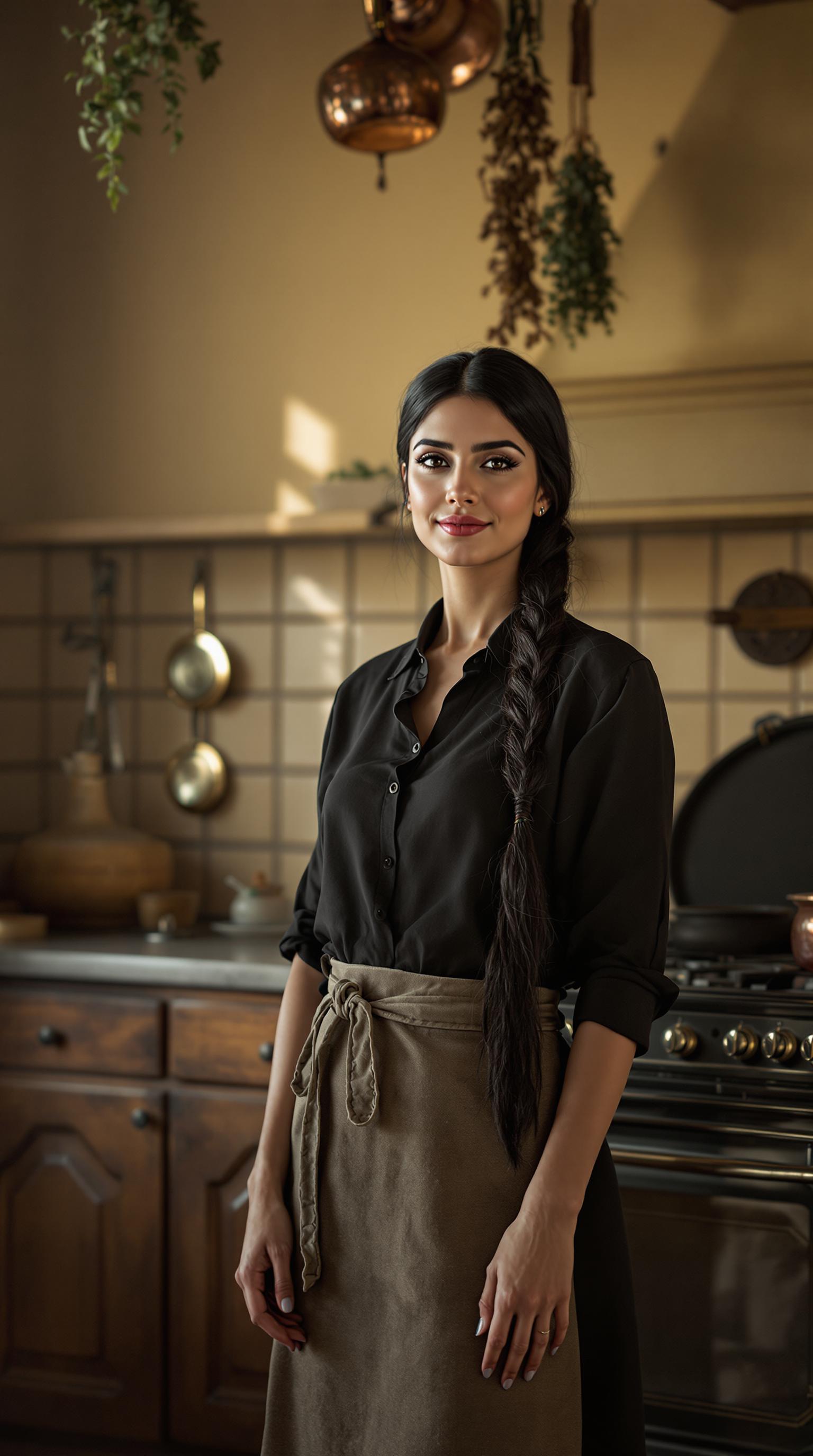 A tall, slender Middle Eastern woman in her mid-40s, exuding elegance and warmth, with striking features and a gentle expression. Her long, jet-black hair is neatly gathered in a single braid, cascading down to her waist with a glossy sheen. She wears a simple yet refined dark cotton dress, modestly tailored, paired with a well-worn kitchen apron tied around her waist, hinting at hours spent cooking. She stands confidently in an older-style kitchen, characterized by rustic charm—think vintage tiled walls in muted earth tones, worn wooden cabinets with intricate carvings, and a large, heavy cast-iron stove in the background. Copper pots and dried herbs hang from the ceiling, adding texture and authenticity to the scene. The composition focuses on her as the central figure, captured from a slight low angle to emphasize her height and poise, with soft, natural light streaming through a nearby window, casting warm golden hues and subtle shadows across the room. The mood is cozy and nostalgic, evoking a sense of timeless tradition and homely comfort, set during late afternoon with a serene, quiet atmosphere. Rendered in a realistic style with photorealistic detail, emphasizing fine textures like the grain of the wood, the folds in her dress, and the intricate patterns of the tiles, with a focus on cinematic lighting and a shallow depth of field to highlight her presence against the softly blurred background.