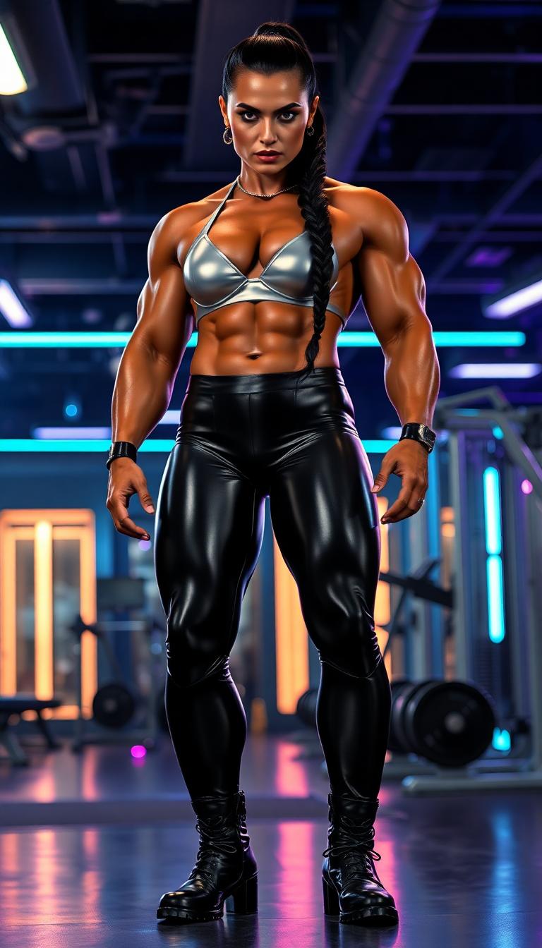 A commanding, tall Amazonian Middle Eastern woman in her mid-40s, exuding raw power and intensity, with wide shoulders, a heavily muscled torso, and massively built arms and legs reminiscent of a professional wrestler. Her striking, angular features are marked by a cruel, piercing expression, with sharp cheekbones and intense, dark eyes. Her long, jet-black hair is meticulously tied into a single glossy braid, cascading down to her waist with a sleek, reflective sheen. She is dressed in skin-tight, wet-look shiny black latex leggings that hug every curve of her powerful legs, paired with a tight, shiny silver latex bra top that accentuates her muscular chest and broad shoulders. Her feet are clad in polished, shiny black boots with a futuristic edge, reflecting the ambient light. The scene is set in a high-tech gym, filled with sleek, metallic equipment and glowing neon accents in shades of electric blue and violet, casting a cool, futuristic glow over the space. The composition focuses on her dominant stance, standing center-frame with a low camera angle looking up to emphasize her towering presence and intimidating aura. The lighting is dramatic, with sharp contrasts of shadow and highlights that accentuate the texture of her latex outfit and the definition of her muscles, creating a cinematic, high-energy atmosphere. The mood is intense and commanding, with a sense of latent aggression, set against the cutting-edge, almost sci-fi ambiance of the gym. Rendered in a hyper-realistic style with photorealistic detail, emphasizing glossy textures, reflective surfaces, and dynamic shading, akin to a high-budget action movie still.
