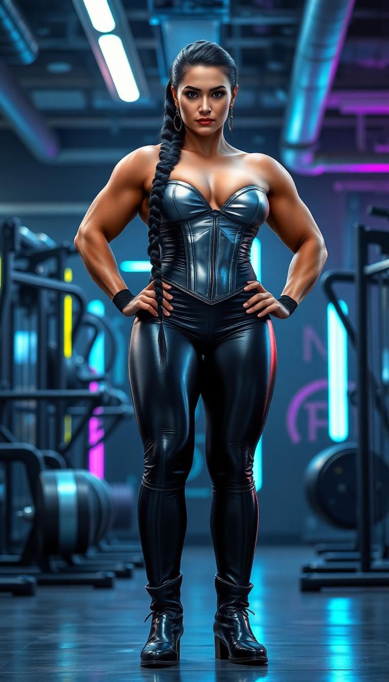 A commanding, tall Amazonian Middle Eastern woman in her mid-40s, exuding raw power and intensity, with wide shoulders, a heavily muscled torso, and massively built arms and legs reminiscent of a professional wrestler. Her striking, angular features are marked by a cruel, piercing expression, with sharp cheekbones and intense, dark eyes. Her long, jet-black hair is meticulously tied into a single glossy braid, cascading down to her waist with a sleek, reflective sheen. She is dressed in skin-tight, wet-look shiny black latex leggings that hug every curve of her powerful legs, paired with a tight, shiny silver latex corset top that accentuates her muscular chest and broad shoulders. Her feet are clad in polished, shiny black boots with a futuristic edge, reflecting the ambient light. The scene is set in a high-tech gym, filled with sleek, metallic equipment and glowing neon accents in shades of electric blue and violet, casting a cool, futuristic glow over the space. The composition focuses on her dominant stance, standing center-frame with a low camera angle looking up to emphasize her towering presence and intimidating aura. The lighting is dramatic, with sharp contrasts of shadow and highlights that accentuate the texture of her latex outfit and the definition of her muscles, creating a cinematic, high-energy atmosphere. The mood is intense and commanding, with a sense of latent aggression, set against the cutting-edge, almost sci-fi ambiance of the gym. Rendered in a hyper-realistic style with photorealistic detail, emphasizing glossy textures, reflective surfaces, and dynamic shading, akin to a high-budget action movie still.