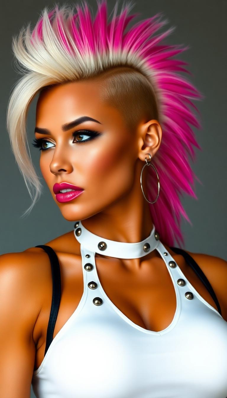 a muscle-bound bimbo amazon standing 6'2" with an impossible physique—massive breasts that remain perfectly firm despite their size, biceps larger than most men's, thighs that could crush skulls, all while maintaining a tiny waist and feminine features. Her skin takes on a golden hue with a permanent sheen like oil. Her once-conservative hair is now a platinum blonde mohawk with hot pink tips. Her face combines hyper-feminine features (pouty lips, long lashes) with strong masculine elements (defined jawline, prominent brow). Wearing a shiny white latex halter top, decorated with straps and studs.