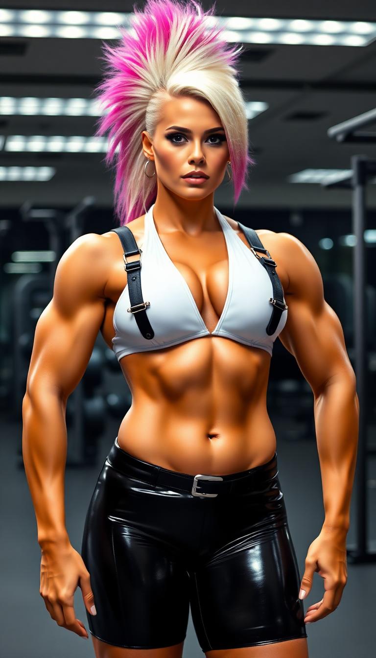 a muscle-bound bimbo amazon standing 6'2" with an impossible physique—massive breasts that remain perfectly firm despite their size, biceps larger than most men's, thighs that could crush skulls, all while maintaining a tiny waist and feminine features. Her skin takes on a golden hue with a permanent sheen like oil. Her once-conservative hair is now a long platinum blonde mohawk with hot pink tips. Her face combines hyper-feminine features (pouty lips, long lashes) with strong masculine elements (defined jawline, prominent brow). Wearing a shiny white latex halter top, decorated with straps and studs. Shiny black latex gym shorts. Standing in a hi-tech gym. Bdsm strap harness