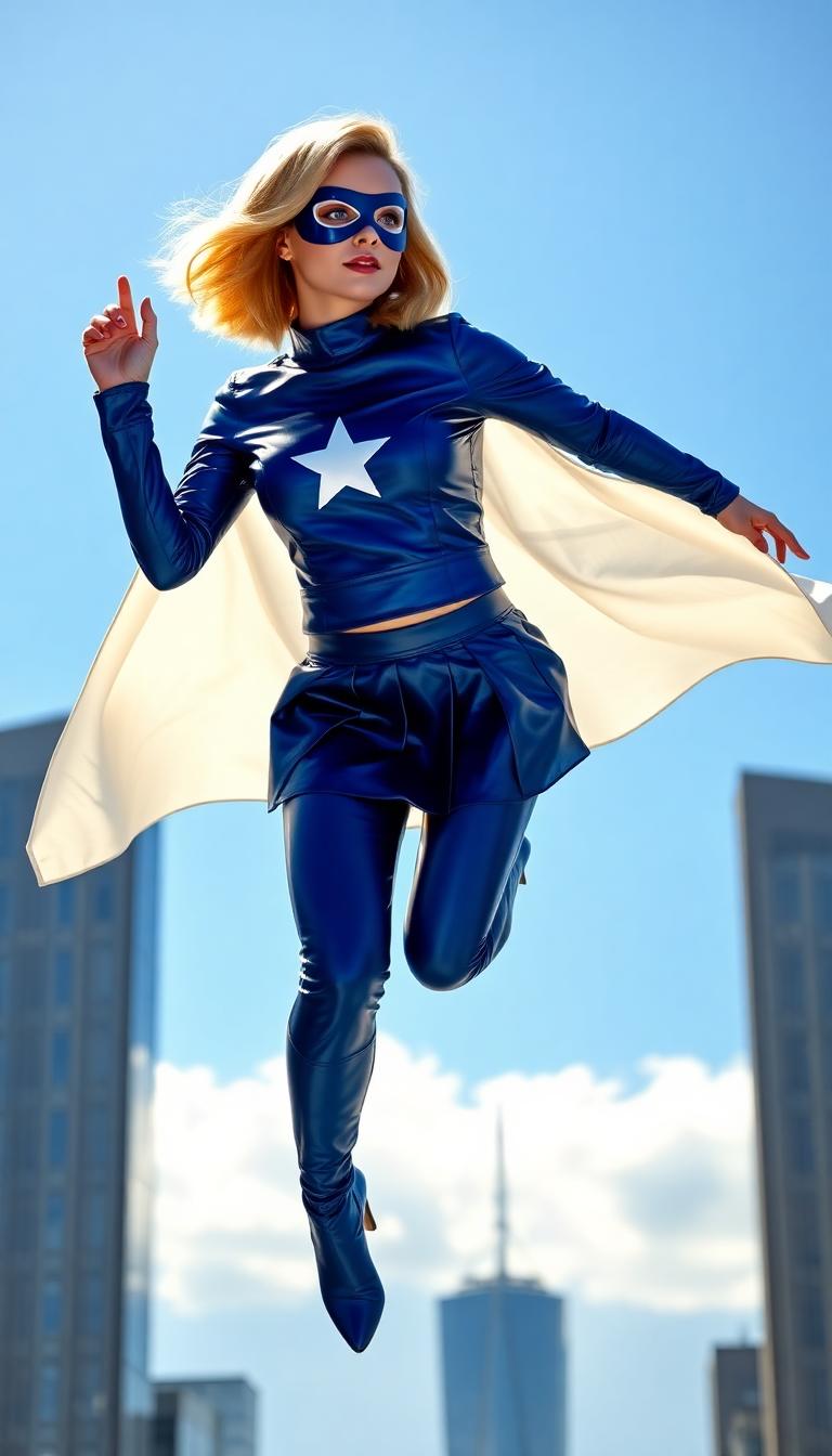 A breathtaking young woman in her early 20s, petite yet radiating vibrant energy, with golden blonde hair styled in a cute shoulder-length bob, the silky strands catching the sunlight with a soft, luminous sheen. She is dressed in a striking sapphire blue leather ensemble, featuring a pleated miniskirt and a fitted long-sleeve top, both polished to a mirror-like finish that gleams with every subtle movement, reflecting light in dynamic highlights and accentuating her form. A matching sapphire blue domino mask adds an air of mystery to her heroic persona. A waist-length shiny white cape billows dramatically behind her, its satin-like texture rippling in the wind with pristine elegance. Her knee-length high-heeled boots, also in shiny sapphire blue leather, exude power and confidence, the material glinting as if illuminated from within. A crisp, radiant white star emblem on her chest stands out boldly against the deep blue, symbolizing her strength and identity. She is captured mid-flight, soaring majestically above the iconic Chicago skyline, with towering skyscrapers and the shimmering expanse of Lake Michigan sprawling beneath her. The composition is dynamic, shot from a low-angle perspective to emphasize her dominance and grace, her figure framed against a vibrant sunset sky where warm oranges and pinks seamlessly blend into cool blues. The mood is empowering and heroic, with a cinematic atmosphere amplified by dramatic golden-hour lighting, subtle lens flares, and a sense of boundless freedom. The style is hyper-realistic digital art, infused with a vibrant, comic-book-inspired aesthetic, featuring sharp contrasts, bold saturated colors, and meticulous attention to texture and detail, from the reflective sheen of her leather outfit to the intricate folds of her flowing cape.