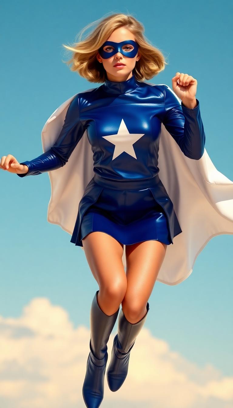 A breathtaking young woman in her early 20s, petite yet brimming with vibrant energy, soars through the sky in a heroic pose. Her golden blonde hair, styled in a cute shoulder-length bob, shimmers with a soft, luminous sheen as silky strands catch the warm sunlight. She wears a striking sapphire blue leather ensemble, consisting of a pleated miniskirt and a fitted long-sleeve top, both polished to a mirror-like finish that gleams with every movement, reflecting light in dynamic highlights and accentuating her form. A matching sapphire blue domino mask conceals part of her face, adding an air of mystery to her heroic persona. A waist-length, shiny white cape billows dramatically behind her, its satin-like texture rippling in the wind with pristine elegance. Her knee-length, high-heeled boots, crafted from the same shiny sapphire blue leather, exude power and confidence, the material glinting as if illuminated from within. A crisp, radiant white star emblem on her chest stands out boldly against the deep blue, symbolizing her strength and identity. She is captured mid-flight, soaring majestically above the iconic Chicago skyline, with towering skyscrapers piercing the horizon and the shimmering expanse of Lake Michigan sprawling beneath her. The composition is dynamic, shot from a low-angle perspective to emphasize her dominance and grace, her figure framed against a vibrant sunset sky where warm oranges and pinks blend seamlessly into cool blues. The mood is empowering and heroic, with a cinematic atmosphere amplified by dramatic golden-hour lighting, subtle lens flares, and a sense of boundless freedom. The style is hyper-realistic digital art with a vibrant, comic-book-inspired aesthetic, featuring sharp contrasts, bold saturated colors, and meticulous attention to texture and detail—from the reflective sheen of her leather outfit to the intricate folds of her flowing cape. The scene is rendered with cinematic depth, high dynamic range, and a focus on photorealistic textures, ensuring every element feels vivid and alive.