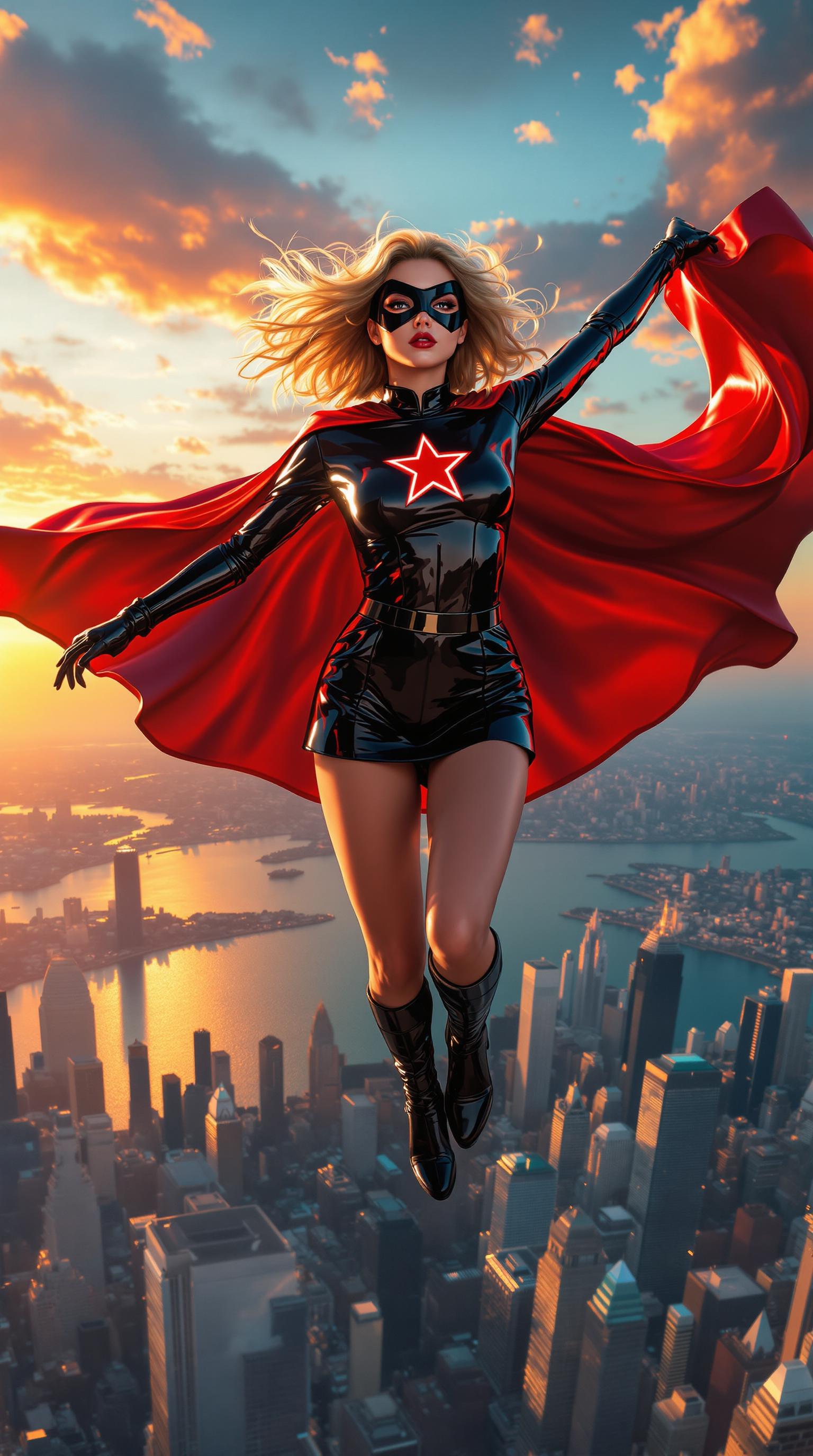 A breathtaking young woman in her early 20s, petite yet brimming with vibrant energy, soars through the sky in a heroic pose. Her golden blonde hair, styled in a cute shoulder-length bob, shimmers with a soft, luminous sheen as silky strands catch the warm sunlight. She wears a striking shiny black leather ensemble, consisting of a pleated miniskirt and a fitted long-sleeve top, both polished to a mirror-like finish that gleams with every movement, reflecting light in dynamic highlights and accentuating her form. A matching shiny black domino mask conceals part of her face, adding an air of mystery to her heroic persona. A waist-length, shiny crimson cape billows dramatically behind her, its satin-like texture rippling in the wind with pristine elegance. Her knee-length, high-heeled boots, crafted from the same shiny black leather, exude power and confidence, the material glinting as if illuminated from within. A crisp, radiant crimson star emblem on her chest stands out boldly against the deep blue, symbolizing her strength and identity. She is captured mid-flight, soaring majestically above the iconic Chicago skyline, with towering skyscrapers piercing the horizon and the shimmering expanse of Lake Michigan sprawling beneath her. The composition is dynamic, shot from a low-angle perspective to emphasize her dominance and grace, her figure framed against a vibrant sunset sky where warm oranges and pinks blend seamlessly into cool blues. The mood is empowering and heroic, with a cinematic atmosphere amplified by dramatic golden-hour lighting, subtle lens flares, and a sense of boundless freedom. The style is hyper-realistic digital art with a vibrant, comic-book-inspired aesthetic, featuring sharp contrasts, bold saturated colors, and meticulous attention to texture and detail—from the reflective sheen of her leather outfit to the intricate folds of her flowing cape. The scene is rendered with cinematic depth, high dynamic range, and a focus on photorealistic textures, ensuring every element feels vivid and alive.