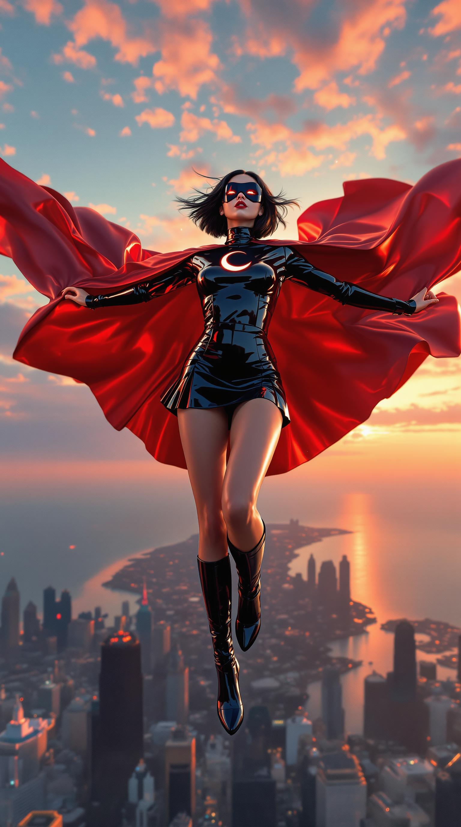 A breathtaking young woman in her early 20s, petite yet brimming with vibrant energy, soars through the sky in a heroic pose. Her shiny black hair, styled in a cute shoulder-length bob, shimmers with a soft, luminous sheen as silky strands catch the warm sunlight. She wears a striking shiny black leather ensemble, consisting of a pleated miniskirt and a fitted long-sleeve top, both polished to a mirror-like finish that gleams with every movement, reflecting light in dynamic highlights and accentuating her form. A matching shiny black domino mask conceals part of her face, adding an air of mystery to her heroic persona. A waist-length, shiny crimson cape billows dramatically behind her, its satin-like texture rippling in the wind with pristine elegance. Her knee-length, high-heeled boots, crafted from the same shiny black leather, exude power and confidence, the material glinting as if illuminated from within. A crisp, radiant crimson crescent moon emblem on her chest stands out boldly against the shiny black, symbolizing her strength and identity. She is captured mid-flight, soaring majestically above the iconic Chicago skyline, with towering skyscrapers piercing the horizon and the shimmering expanse of Lake Michigan sprawling beneath her. The composition is dynamic, shot from a low-angle perspective to emphasize her dominance and grace, her figure framed against a vibrant sunset sky where warm oranges and pinks blend seamlessly into cool blues. The mood is empowering and heroic, with a cinematic atmosphere amplified by dramatic golden-hour lighting, subtle lens flares, and a sense of boundless freedom. The style is hyper-realistic digital art with a vibrant, comic-book-inspired aesthetic, featuring sharp contrasts, bold saturated colors, and meticulous attention to texture and detail—from the reflective sheen of her leather outfit to the intricate folds of her flowing cape. The scene is rendered with cinematic depth, high dynamic range, and a focus on photorealistic textures, ensuring every element feels vivid and alive.