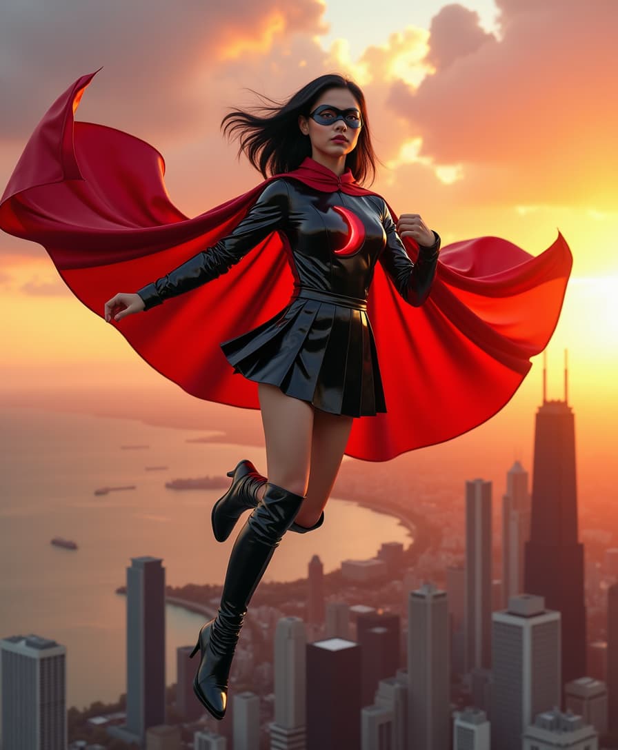 A breathtaking young woman in her early 20s, petite yet radiating vibrant energy, soars through the sky in a powerful, heroic pose. Her shiny black hair, styled in a cute shoulder-length bob, shimmers with a soft, luminous sheen, silky strands catching the warm sunlight in delicate highlights. She wears a striking, polished black leather ensemble—a pleated miniskirt and a fitted long-sleeve top—both gleaming with a mirror-like finish that reflects dynamic light, accentuating her form with every movement. A matching shiny black domino mask conceals part of her face, adding an enigmatic, mysterious allure to her heroic persona. A waist-length, shiny crimson cape billows dramatically behind her, its satin-like texture rippling elegantly in the wind, capturing the light with pristine folds. Her knee-length, high-heeled boots, crafted from the same glossy black leather, exude confidence and power, glinting as if lit from within. A bold, radiant crimson crescent moon emblem on her chest stands out vividly against the black, symbolizing her strength and identity. She is captured mid-flight, soaring majestically above the iconic Chicago skyline, with towering skyscrapers piercing the horizon and the shimmering expanse of Lake Michigan sprawling beneath. The composition is dynamic, shot from a low-angle perspective to emphasize her dominance and grace, her figure framed against a vibrant sunset sky where warm oranges and pinks blend seamlessly into cool twilight blues. The mood is empowering and heroic, infused with a cinematic atmosphere, amplified by dramatic golden-hour lighting, subtle lens flares, and a sense of boundless freedom. The style is hyper-realistic digital art with a vibrant, comic-book-inspired aesthetic, featuring sharp contrasts, bold saturated colors, and meticulous attention to texture and detail—from the reflective sheen of her leather outfit to the intricate, wind-swept folds of her flowing cape. The scene is rendered with cinematic depth, high dynamic range (HDR), and photorealistic textures, ensuring every element—from the glint of her boots to the reflective skyscraper glass—feels vivid, tactile, and alive.