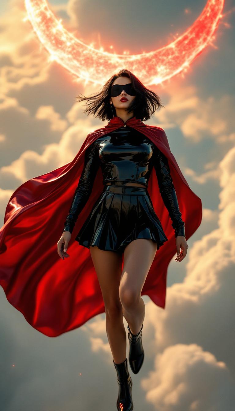 A breathtaking young woman in her early 20s, petite yet radiating vibrant energy, soars through the sky in a powerful, heroic pose. Her shiny black hair, styled in a cute shoulder-length bob, shimmers with a soft, luminous sheen, silky strands catching the warm sunlight in delicate highlights. She wears a striking, polished black leather ensemble—a pleated miniskirt and a fitted long-sleeve top—both gleaming with a mirror-like finish that reflects dynamic light, accentuating her form with every movement. A matching shiny black domino mask conceals part of her face, adding an enigmatic, mysterious allure to her heroic persona. A waist-length, shiny crimson cape billows dramatically behind her, its satin-like texture rippling elegantly in the wind, capturing the light with pristine folds. Her knee-length, high-heeled boots, crafted from the same glossy black leather, exude confidence and power, glinting as if lit from within. A bold, radiant crimson crescent moon emblem on her chest stands out vividly against the black, symbolizing her strength and identity. She is captured mid-flight, soaring majestically above the iconic Chicago skyline, with towering skyscrapers piercing the horizon and the shimmering expanse of Lake Michigan sprawling beneath. The composition is dynamic, shot from a low-angle perspective to emphasize her dominance and grace, her figure framed against a vibrant sunset sky where warm oranges and pinks blend seamlessly into cool twilight blues. The mood is empowering and heroic, infused with a cinematic atmosphere, amplified by dramatic golden-hour lighting, subtle lens flares, and a sense of boundless freedom. The style is hyper-realistic digital art with a vibrant, comic-book-inspired aesthetic, featuring sharp contrasts, bold saturated colors, and meticulous attention to texture and detail—from the reflective sheen of her leather outfit to the intricate, wind-swept folds of her flowing cape. The scene is rendered with cinematic depth, high dynamic range (HDR), and photorealistic textures, ensuring every element—from the glint of her boots to the reflective skyscraper glass—feels vivid, tactile, and alive.