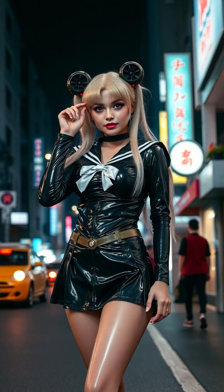 Evil Sailor moon, shiny black latex sailor costume. The dark streets of Tokyo at night