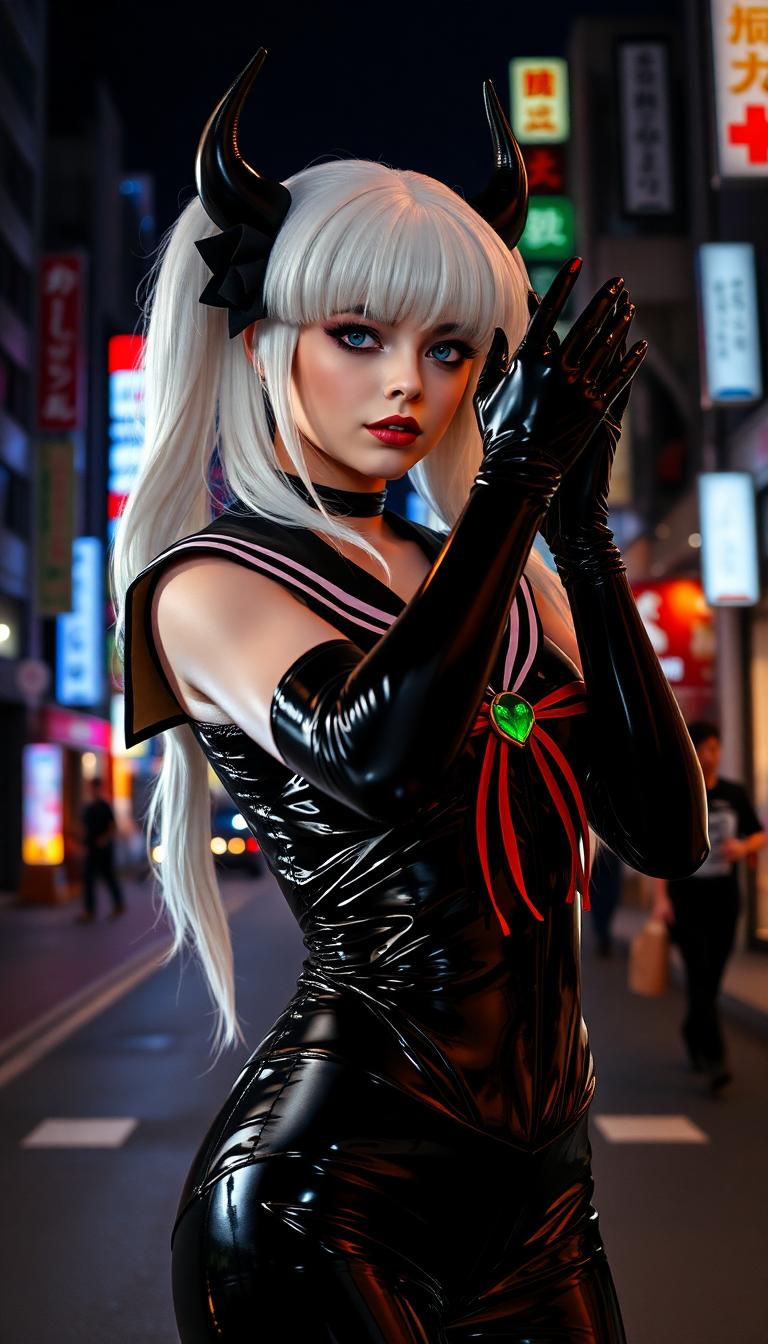 Evil Sailor moon with white hair, shiny black latex sailor costume. Shiny black latex gloves. The dark streets of Tokyo at night. 