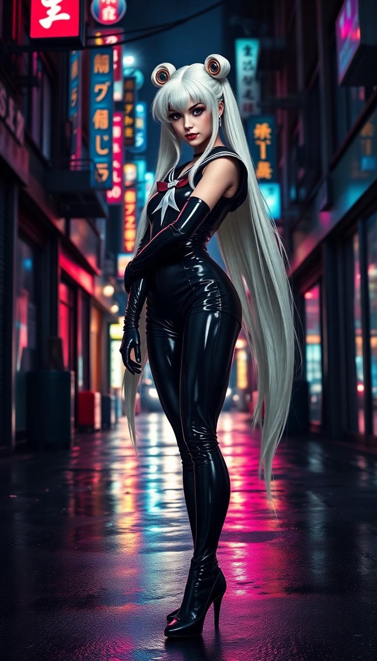 A striking and sinister depiction of an evil Sailor Moon, characterized by her long, flowing white hair cascading down her back with an ethereal glow. She wears a shiny black latex sailor costume, form-fitting and reflective, accentuating every curve with a glossy, almost liquid-like texture. Her shiny black latex gloves extend up to her elbows, catching the dim streetlights with a subtle sheen. The scene unfolds on the dark, gritty streets of Tokyo at night, with neon signs in vibrant pinks, blues, and greens casting an otherworldly glow on wet asphalt, reflecting the city's chaotic energy. The composition focuses on Sailor Moon standing confidently in the center of the frame, slightly tilted to one side, exuding a menacing aura, with a low camera angle looking up to emphasize her dominance and power. The background features narrow alleys, flickering lights, and distant skyscrapers shrouded in a misty haze. The mood is dark and foreboding, with a cool, nocturnal atmosphere, subtle rain adding a sense of tension and mystery. Rendered in a hyper-detailed anime style with elements of cyberpunk aesthetics, featuring sharp linework, dramatic shadows, and high contrast lighting to enhance the eerie, villainous vibe.