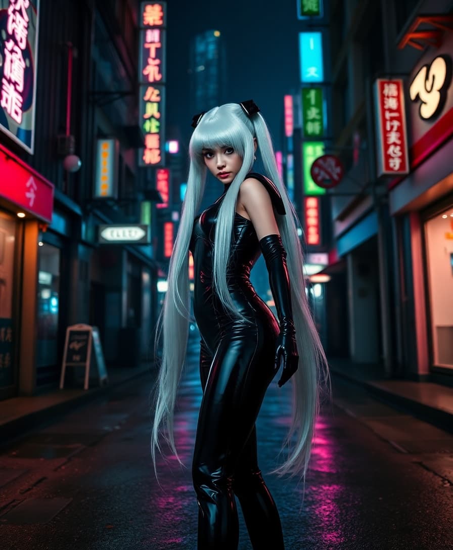 A striking and sinister depiction of an evil Sailor Moon, characterized by her long, flowing white hair cascading down her back with an ethereal glow. She wears a shiny black latex sailor costume, form-fitting and reflective, accentuating every curve with a glossy, almost liquid-like texture. Her shiny black latex gloves extend up to her elbows, catching the dim streetlights with a subtle sheen. The scene unfolds on the dark, gritty streets of Tokyo at night, with neon signs in vibrant pinks, blues, and greens casting an otherworldly glow on wet asphalt, reflecting the city's chaotic energy. The composition focuses on Sailor Moon standing confidently in the center of the frame, slightly tilted to one side, exuding a menacing aura, with a low camera angle looking up to emphasize her dominance and power. The background features narrow alleys, flickering lights, and distant skyscrapers shrouded in a misty haze. The mood is dark and foreboding, with a cool, nocturnal atmosphere, subtle rain adding a sense of tension and mystery. Rendered in a hyper-detailed anime style with elements of cyberpunk aesthetics, featuring sharp linework, dramatic shadows, and high contrast lighting to enhance the eerie, villainous vibe.