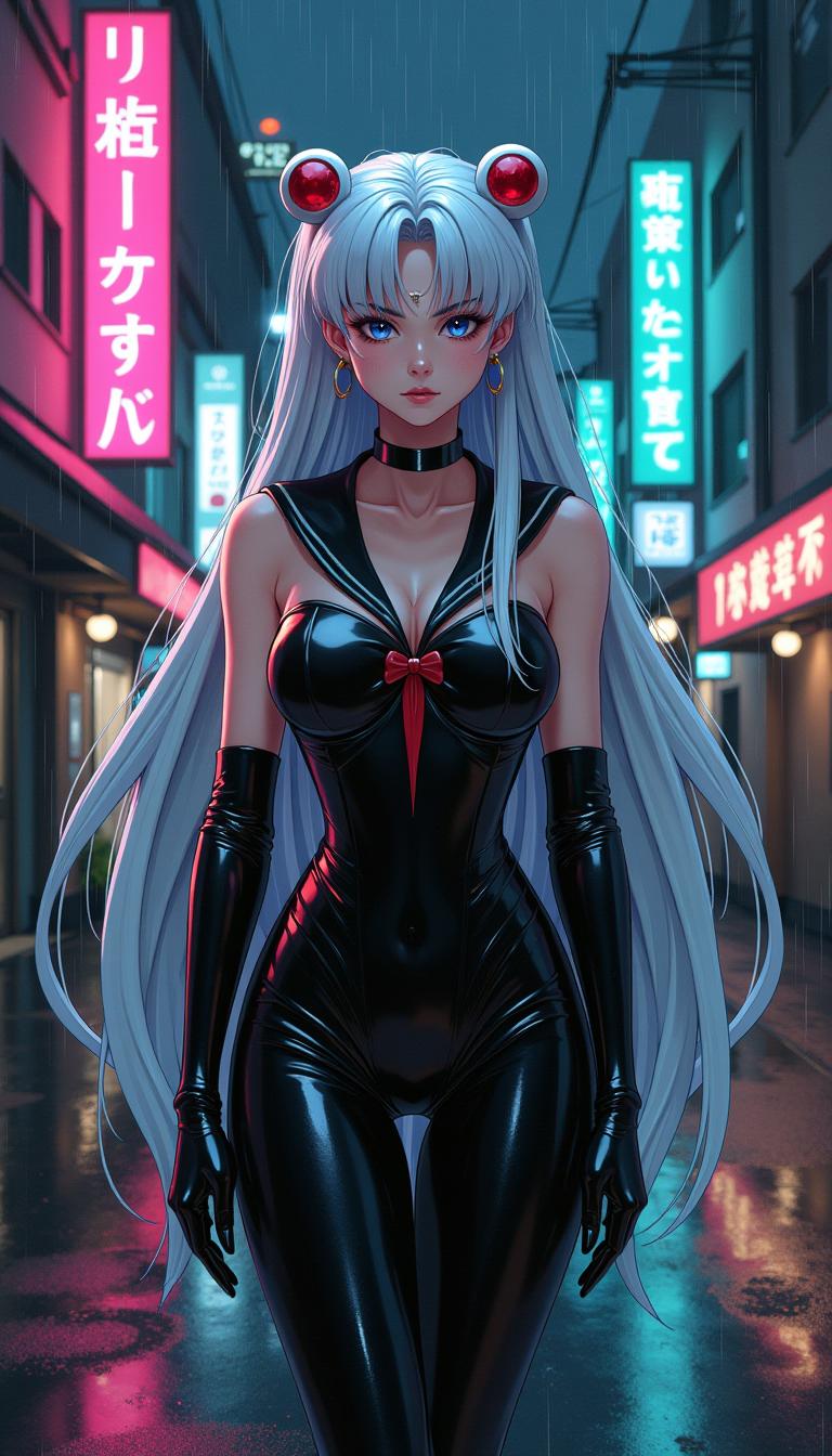 A striking and sinister depiction of an evil Sailor Moon, characterized by her long, flowing white hair cascading down her back with an ethereal glow. She wears a shiny black latex sailor costume, form-fitting and reflective corset, accentuating every curve with a glossy, almost liquid-like texture. Her shiny black latex gloves extend up to her elbows, catching the dim streetlights with a subtle sheen. The scene unfolds on the dark, gritty streets of Tokyo at night, with neon signs in vibrant pinks, blues, and greens casting an otherworldly glow on wet asphalt, reflecting the city's chaotic energy. The composition focuses on Sailor Moon standing confidently in the center of the frame, slightly tilted to one side, exuding a menacing aura, with a low camera angle looking up to emphasize her dominance and power. The background features narrow alleys, flickering lights, and distant skyscrapers shrouded in a misty haze. The mood is dark and foreboding, with a cool, nocturnal atmosphere, subtle rain adding a sense of tension and mystery. Rendered in a hyper-detailed anime style with elements of cyberpunk aesthetics, featuring sharp linework, dramatic shadows, and high contrast lighting to enhance the eerie, villainous vibe.