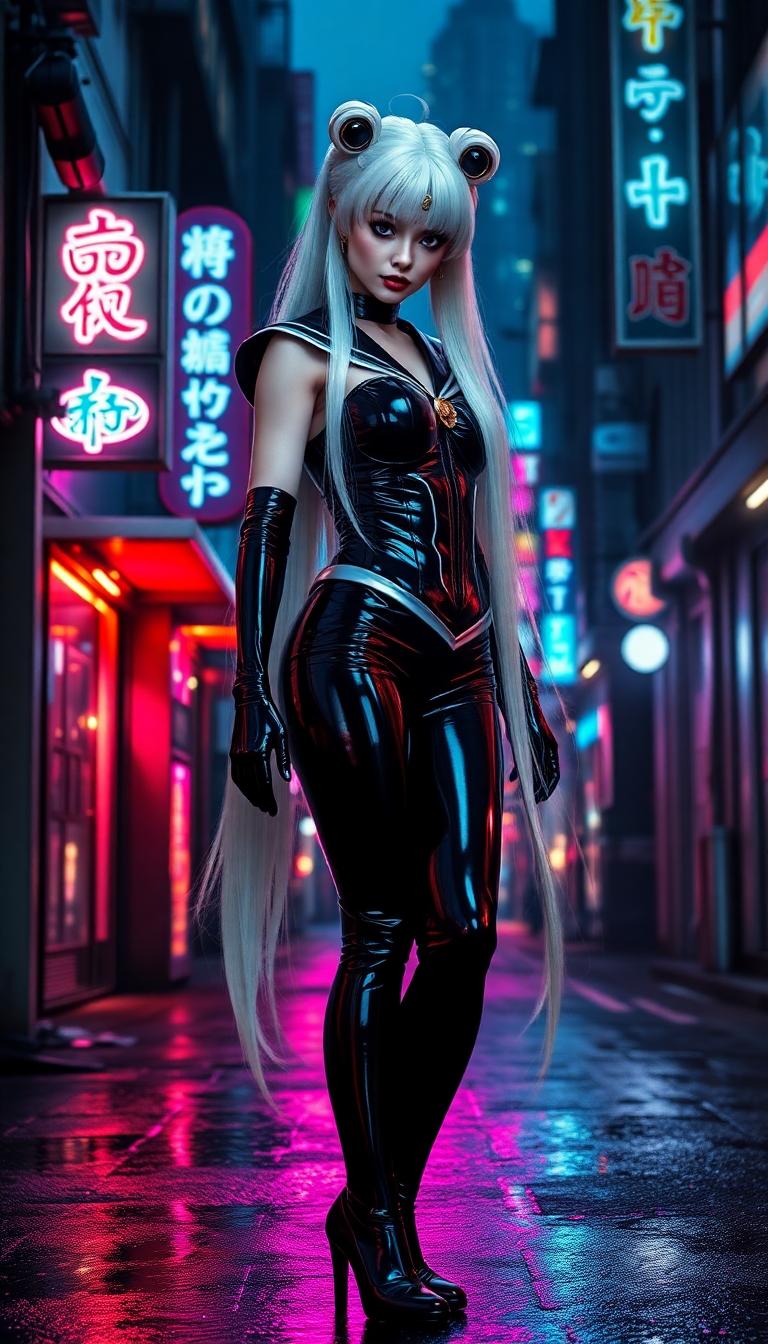 A striking and sinister depiction of an evil Sailor Moon, characterized by her long, flowing white hair cascading down her back with an ethereal glow. She wears a shiny black latex sailor costume, form-fitting and reflective corset, accentuating every curve with a glossy, almost liquid-like texture. Her shiny black latex gloves extend up to her elbows, catching the dim streetlights with a subtle sheen. The scene unfolds on the dark, gritty streets of Tokyo at night, with neon signs in vibrant pinks, blues, and greens casting an otherworldly glow on wet asphalt, reflecting the city's chaotic energy. The composition focuses on Sailor Moon standing confidently in the center of the frame, slightly tilted to one side, exuding a menacing aura, with a low camera angle looking up to emphasize her dominance and power. The background features narrow alleys, flickering lights, and distant skyscrapers shrouded in a misty haze. The mood is dark and foreboding, with a cool, nocturnal atmosphere, subtle rain adding a sense of tension and mystery. Rendered in a hyper-detailed anime style with elements of cyberpunk aesthetics, featuring sharp linework, dramatic shadows, and high contrast lighting to enhance the eerie, villainous vibe.