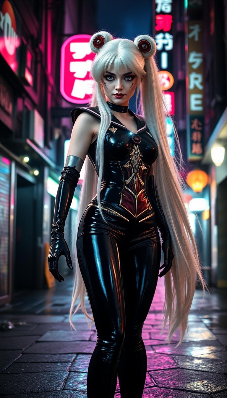 A striking and sinister depiction of an evil Sailor Moon, characterized by her long, flowing white hair cascading down her back with an ethereal glow. She wears a shiny black latex sailor costume, form-fitting and reflective corset, accentuating every curve with a glossy, almost liquid-like texture. Her shiny black latex gloves extend up to her elbows, catching the dim streetlights with a subtle sheen. The scene unfolds on the dark, gritty streets of Tokyo at night, with neon signs in vibrant pinks, blues, and greens casting an otherworldly glow on wet asphalt, reflecting the city's chaotic energy. The composition focuses on Sailor Moon standing confidently in the center of the frame, slightly tilted to one side, exuding a menacing aura, with a low camera angle looking up to emphasize her dominance and power. The background features narrow alleys, flickering lights, and distant skyscrapers shrouded in a misty haze. The mood is dark and foreboding, with a cool, nocturnal atmosphere, subtle rain adding a sense of tension and mystery. Rendered in a hyper-detailed anime style with elements of cyberpunk aesthetics, featuring sharp linework, dramatic shadows, and high contrast lighting to enhance the eerie, villainous vibe.
