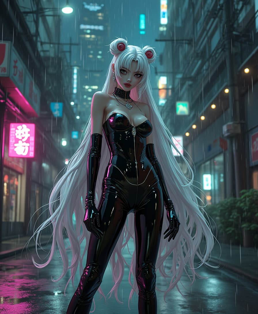 A striking and sinister depiction of an evil Sailor Moon, characterized by her long, flowing white hair cascading down her back with an ethereal glow. She wears a shiny black latex sailor costume, form-fitting and reflective corset, accentuating every curve with a glossy, almost liquid-like texture. Her shiny black latex gloves extend up to her elbows, catching the dim streetlights with a subtle sheen. The scene unfolds on the dark, gritty streets of Tokyo at night, with neon signs in vibrant pinks, blues, and greens casting an otherworldly glow on wet asphalt, reflecting the city's chaotic energy. The composition focuses on Sailor Moon standing confidently in the center of the frame, slightly tilted to one side, exuding a menacing aura, with a low camera angle looking up to emphasize her dominance and power. The background features narrow alleys, flickering lights, and distant skyscrapers shrouded in a misty haze. The mood is dark and foreboding, with a cool, nocturnal atmosphere, subtle rain adding a sense of tension and mystery. Rendered in a hyper-detailed anime style with elements of cyberpunk aesthetics, featuring sharp linework, dramatic shadows, and high contrast lighting to enhance the eerie, villainous vibe.