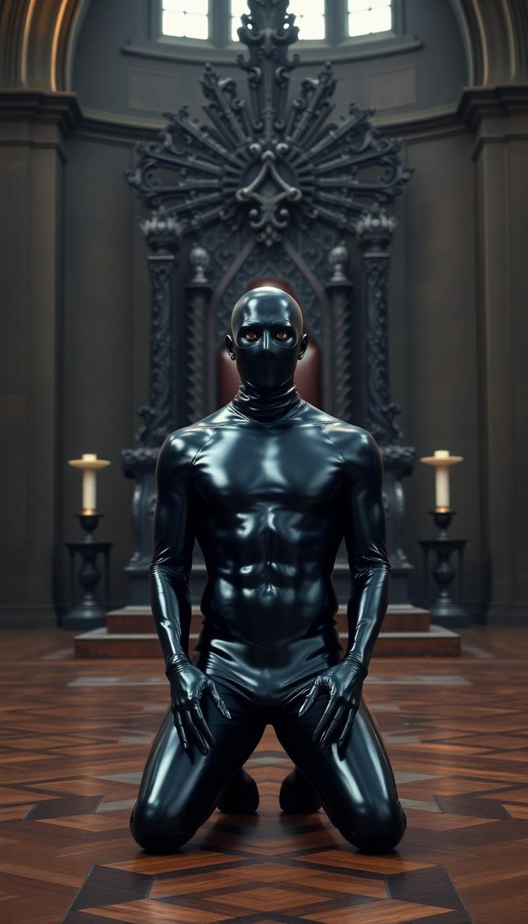 Slim, kneeling in a large medieval hall before an elegant and massive throne. His body is clad in shiny black latex from head to toe. His face is covered by a latex mask. He's facing the camera 