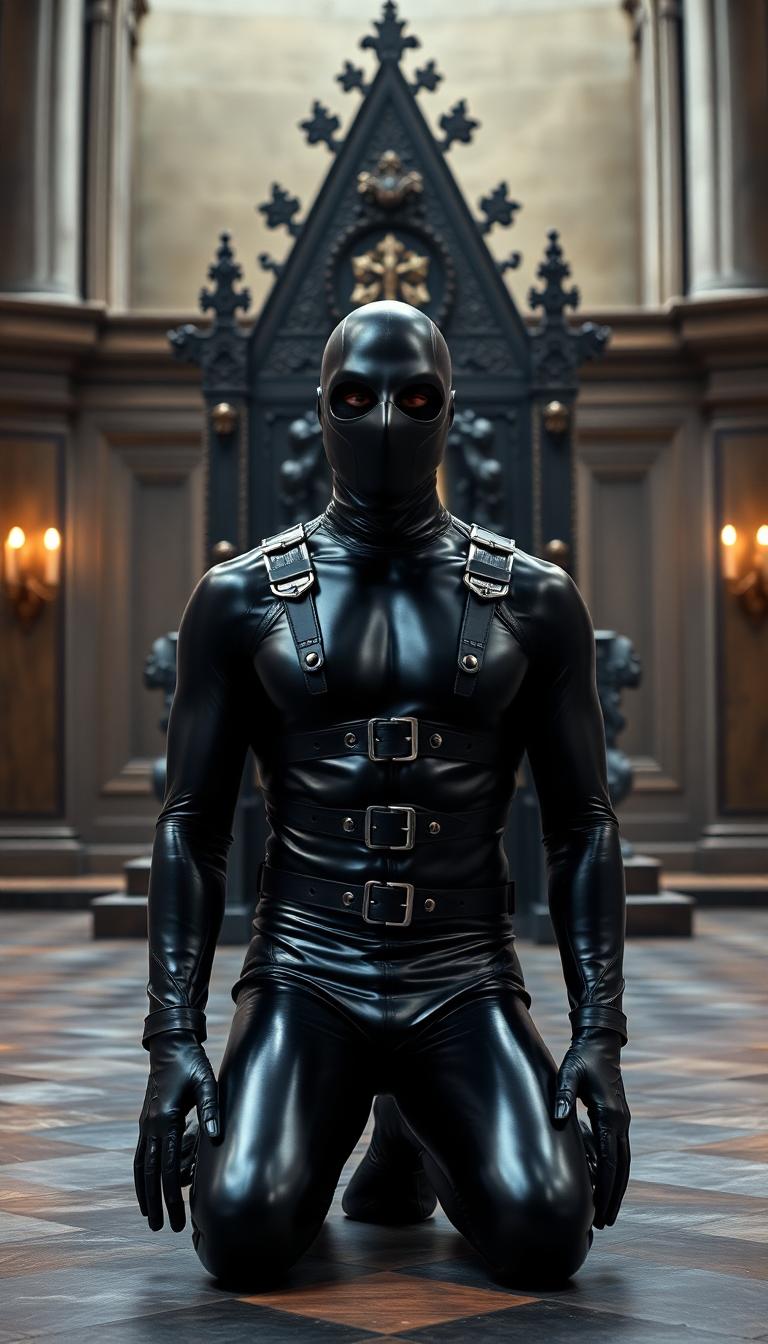 Slim, kneeling in a large medieval hall before an elegant and massive throne. His body is clad in shiny black latex from head to toe. His face is covered by a latex mask. He's facing the camera. The latex is decorated by numerous straps and buckles 