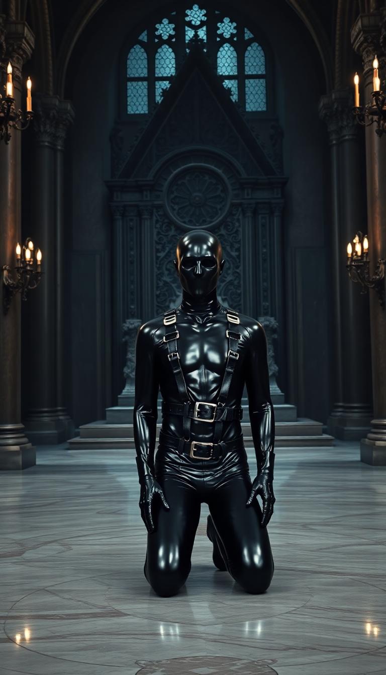 A striking scene in a grand medieval hall, featuring a slim figure kneeling before an elegant, massive throne carved from dark, polished stone with intricate gothic details. The figure is clad head-to-toe in shiny black latex, the material gleaming under the dim, flickering light of ornate chandeliers and wall-mounted torches, casting dramatic reflections across the polished marble floor. The latex suit is adorned with numerous straps and buckles, meticulously detailed, adding a sense of restraint and texture to the sleek surface. A form-fitting latex mask completely covers the figure’s face, leaving only a mysterious, anonymous presence. The composition centers the kneeling figure directly facing the camera, positioned slightly below eye level to emphasize submission and the towering dominance of the throne behind them. The camera angle is wide, capturing the vastness of the hall with towering stone columns, arched ceilings, and faint stained-glass windows filtering muted, cool light into the space. The mood is dark and intense, with a haunting, enigmatic atmosphere, enhanced by subtle shadows and a cold, misty ambiance lingering in the air. The style is reminiscent of high-fashion photography blended with dark fantasy art, focusing on sharp contrasts, high detail, and a cinematic quality, rendered in hyper-realistic 8K resolution with an emphasis on texture and dramatic lighting.