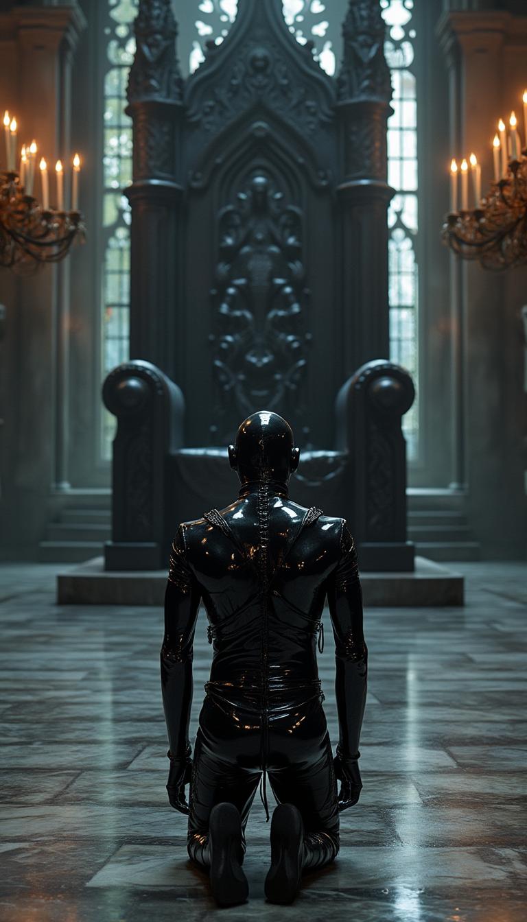 A striking scene in a grand medieval hall, featuring a slim figure kneeling before an elegant, massive throne carved from dark, polished stone with intricate gothic details. The figure is clad head-to-toe in shiny black latex, the material gleaming under the dim, flickering light of ornate chandeliers and wall-mounted torches, casting dramatic reflections across the polished marble floor. The latex suit is adorned with numerous straps and buckles, meticulously detailed, adding a sense of restraint and texture to the sleek surface. A form-fitting latex mask completely covers the figure’s face, leaving only a mysterious, anonymous presence. The composition centers the kneeling figure directly facing the camera, positioned slightly below eye level to emphasize submission and the towering dominance of the throne behind them. The camera angle is wide, capturing the vastness of the hall with towering stone columns, arched ceilings, and faint stained-glass windows filtering muted, cool light into the space. The mood is dark and intense, with a haunting, enigmatic atmosphere, enhanced by subtle shadows and a cold, misty ambiance lingering in the air. The style is reminiscent of high-fashion photography blended with dark fantasy art, focusing on sharp contrasts, high detail, and a cinematic quality, rendered in hyper-realistic 8K resolution with an emphasis on texture and dramatic lighting.