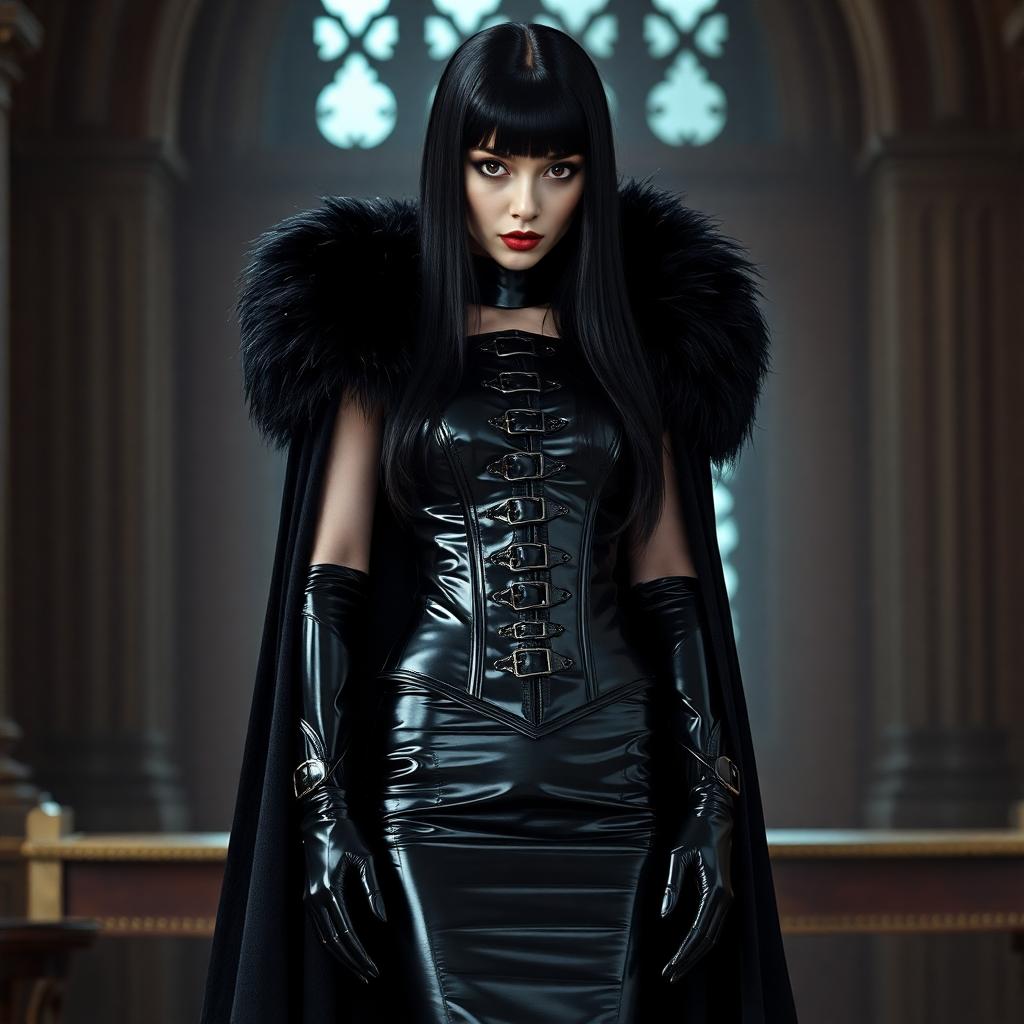Shiny Black hair, falling straight down her back to her waist. She is a pale vampire queen, holding court in her castle. Clad in shiny black latex ankle length pencil skirt, a shiny black latex corset decorated with straps and buckles that climb the front in a vertical ladder. On her shoulders is a thick and shiny black floor length fur cloak. Her hands are clad in shiny black latex gloves. With matching 6" heeled knee length boots.
