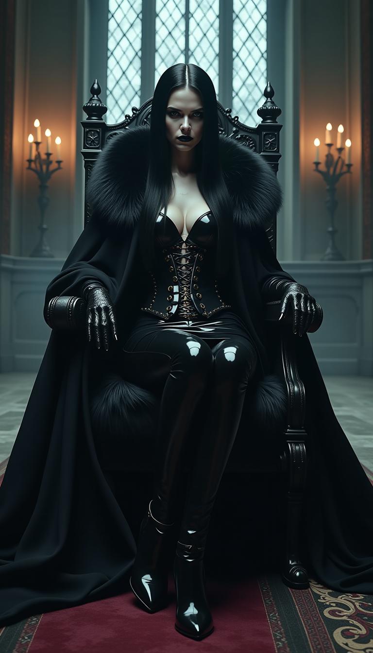 A striking and regal vampire queen, her shiny black hair cascading straight down her back to her waist, gleaming under the cold, flickering light of gothic candelabras. Her pale, almost ethereal skin contrasts sharply with her dark, commanding attire: a glossy black latex ankle-length pencil skirt hugging her form, paired with a matching shiny black latex corset adorned with intricate straps and buckles forming a vertical ladder up the front. A thick, opulent black fur cloak drapes from her shoulders, sweeping dramatically to the floor, its sheen catching the dim light. Her hands are encased in sleek, shiny black latex gloves, and her feet are clad in towering 6-inch heeled knee-length boots, polished to a mirror finish. Her shiny black lips curl into a cruel, disdainful sneer as she gazes down imperiously at a trembling slave girl dressed in rugged black leather, kneeling before her.

The scene unfolds in the grand, shadowy hall of her ancient castle, with towering stone walls adorned with dark tapestries and intricate ironwork. The composition focuses on the vampire queen seated on an ornate obsidian throne atop a raised dais, her posture rigid and commanding, framed by the dramatic sweep of her cloak. The camera angle is slightly low, looking up at her to emphasize her dominance and power, while the slave girl is positioned lower in the frame, her body bowed in submission. The mood is chilling and oppressive, with a gothic atmosphere enhanced by the faint mist curling along the stone floor, the cold blue-gray light filtering through narrow stained-glass windows, and the faint echo of distant thunder.

Rendered in a hyper-realistic digital art style with influences from dark romanticism, emphasizing sharp details, high contrast, and a polished, almost cinematic quality. The textures of latex and fur are meticulously detailed, reflecting light with a glossy sheen, while the interplay of shadows and highlights creates a dramatic, moody depth.