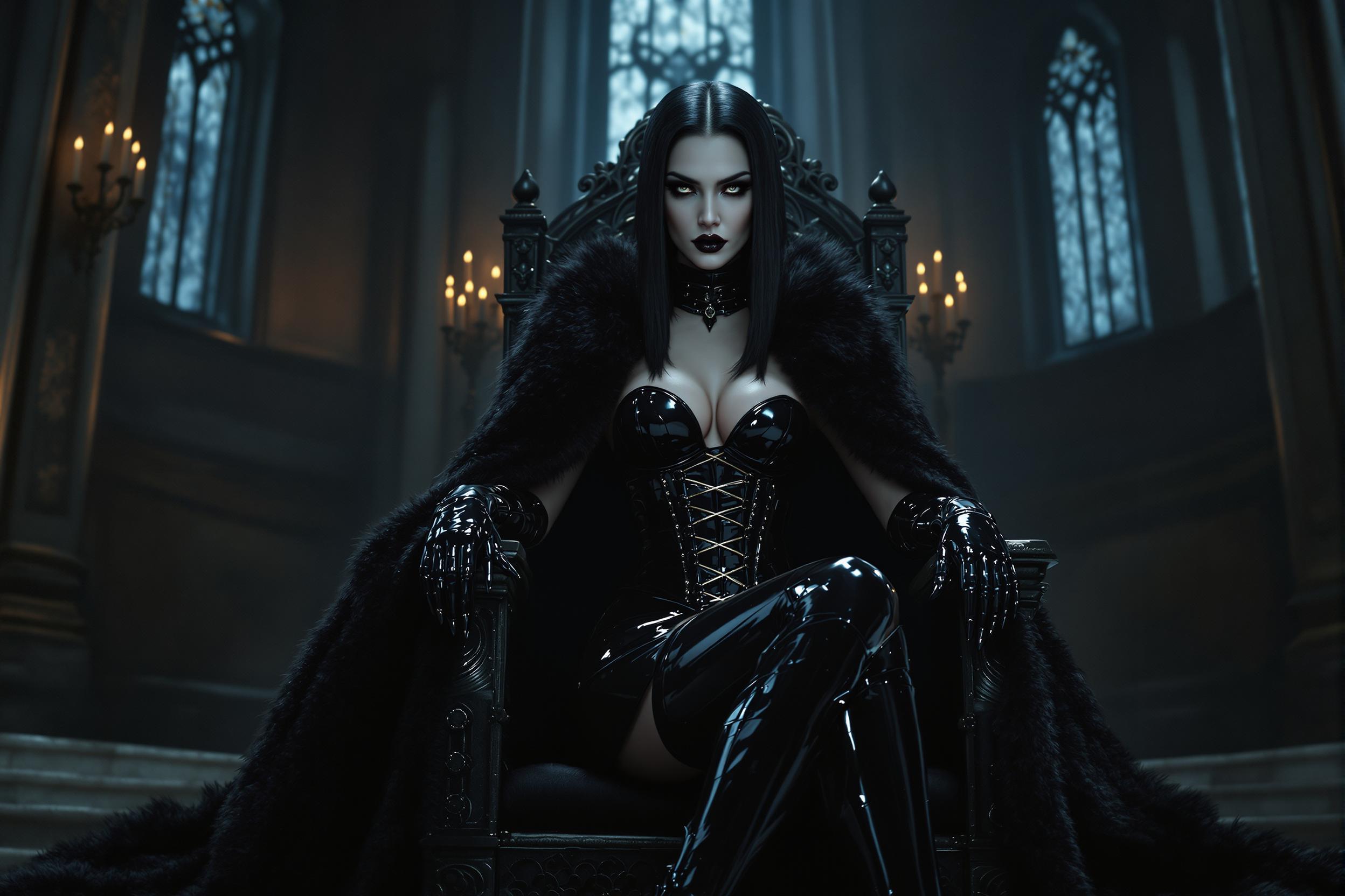 A striking and regal vampire queen, her shiny black hair cascading straight down her back to her waist, gleaming under the cold, flickering light of gothic candelabras. Her pale, almost ethereal skin contrasts sharply with her dark, commanding attire: a glossy black latex ankle-length pencil skirt hugging her form, paired with a matching shiny black latex corset adorned with intricate straps and buckles forming a vertical ladder up the front. A thick, opulent black fur cloak drapes from her shoulders, sweeping dramatically to the floor, its sheen catching the dim light. Her hands are encased in sleek, shiny black latex gloves, and her feet are clad in towering 6-inch heeled knee-length boots, polished to a mirror finish. Her shiny black lips curl into a cruel, disdainful sneer as she gazes down imperiously at a trembling slave girl dressed in rugged black leather, kneeling before her.

The scene unfolds in the grand, shadowy hall of her ancient castle, with towering stone walls adorned with dark tapestries and intricate ironwork. The composition focuses on the vampire queen seated on an ornate obsidian throne atop a raised dais, her posture rigid and commanding, framed by the dramatic sweep of her cloak. The camera angle is slightly low, looking up at her to emphasize her dominance and power, while the slave girl is positioned lower in the frame, her body bowed in submission. The mood is chilling and oppressive, with a gothic atmosphere enhanced by the faint mist curling along the stone floor, the cold blue-gray light filtering through narrow stained-glass windows, and the faint echo of distant thunder.

Rendered in a hyper-realistic digital art style with influences from dark romanticism, emphasizing sharp details, high contrast, and a polished, almost cinematic quality. The textures of latex and fur are meticulously detailed, reflecting light with a glossy sheen, while the interplay of shadows and highlights creates a dramatic, moody depth.