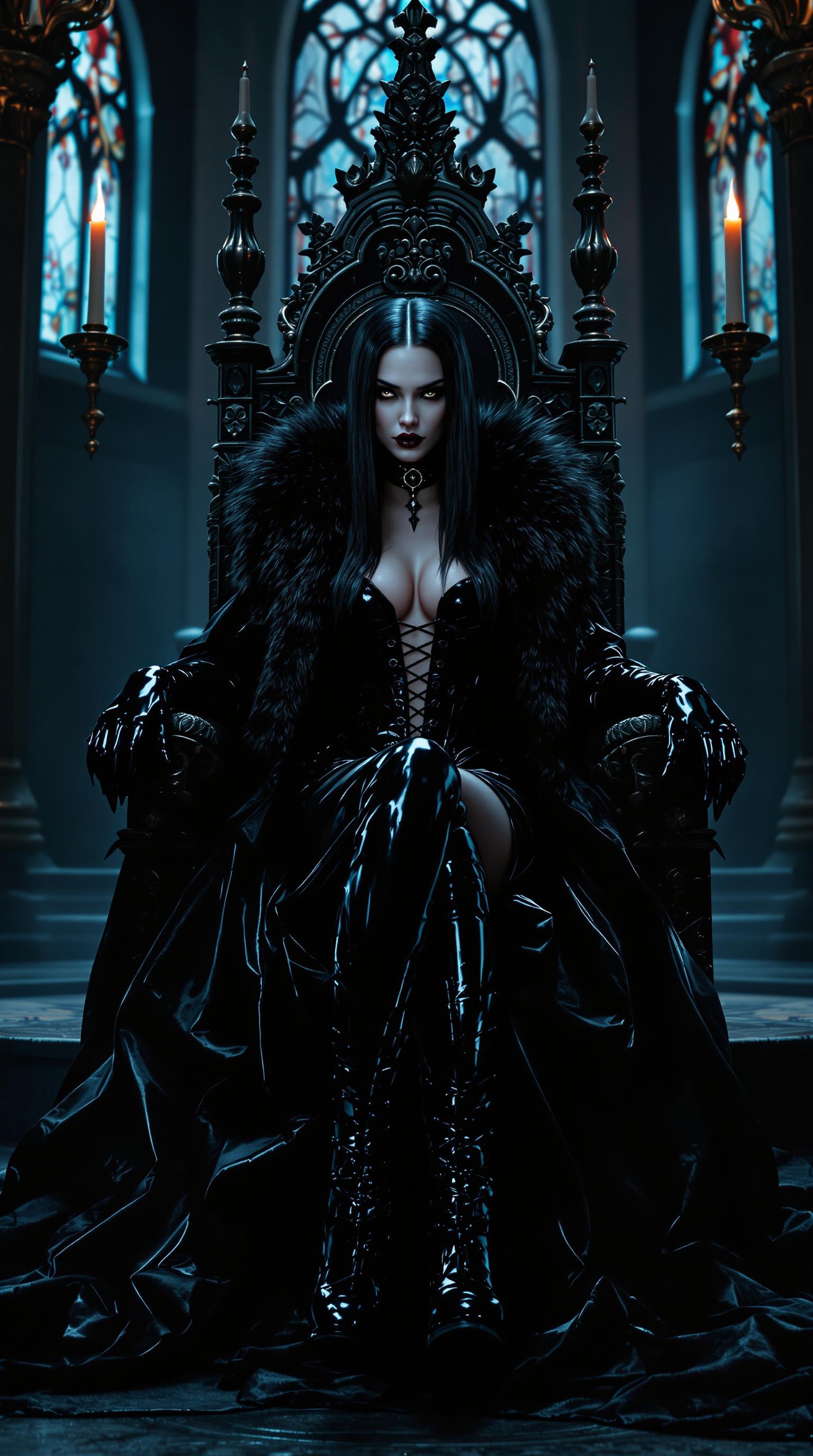 A striking and regal vampire queen, her shiny black hair cascading straight down her back to her waist, gleaming under the cold, flickering light of gothic candelabras. Her pale, almost ethereal skin contrasts sharply with her dark, commanding attire: a glossy black latex ankle-length pencil skirt hugging her form, paired with a matching shiny black latex corset adorned with intricate straps and buckles forming a vertical ladder up the front. A thick, opulent black fur cloak drapes from her shoulders, sweeping dramatically to the floor, its sheen catching the dim light. Her hands are encased in sleek, shiny black latex gloves, and her feet are clad in towering 6-inch heeled knee-length boots, polished to a mirror finish. Her shiny black lips curl into a cruel, disdainful sneer as she gazes down imperiously at a trembling slave girl dressed in rugged black leather, kneeling before her.

The scene unfolds in the grand, shadowy hall of her ancient castle, with towering stone walls adorned with dark tapestries and intricate ironwork. The composition focuses on the vampire queen seated on an ornate obsidian throne atop a raised dais, her posture rigid and commanding, framed by the dramatic sweep of her cloak. The camera angle is slightly low, looking up at her to emphasize her dominance and power, while the slave girl is positioned lower in the frame, her body bowed in submission. The mood is chilling and oppressive, with a gothic atmosphere enhanced by the faint mist curling along the stone floor, the cold blue-gray light filtering through narrow stained-glass windows, and the faint echo of distant thunder.

Rendered in a hyper-realistic digital art style with influences from dark romanticism, emphasizing sharp details, high contrast, and a polished, almost cinematic quality. The textures of latex and fur are meticulously detailed, reflecting light with a glossy sheen, while the interplay of shadows and highlights creates a dramatic, moody depth.