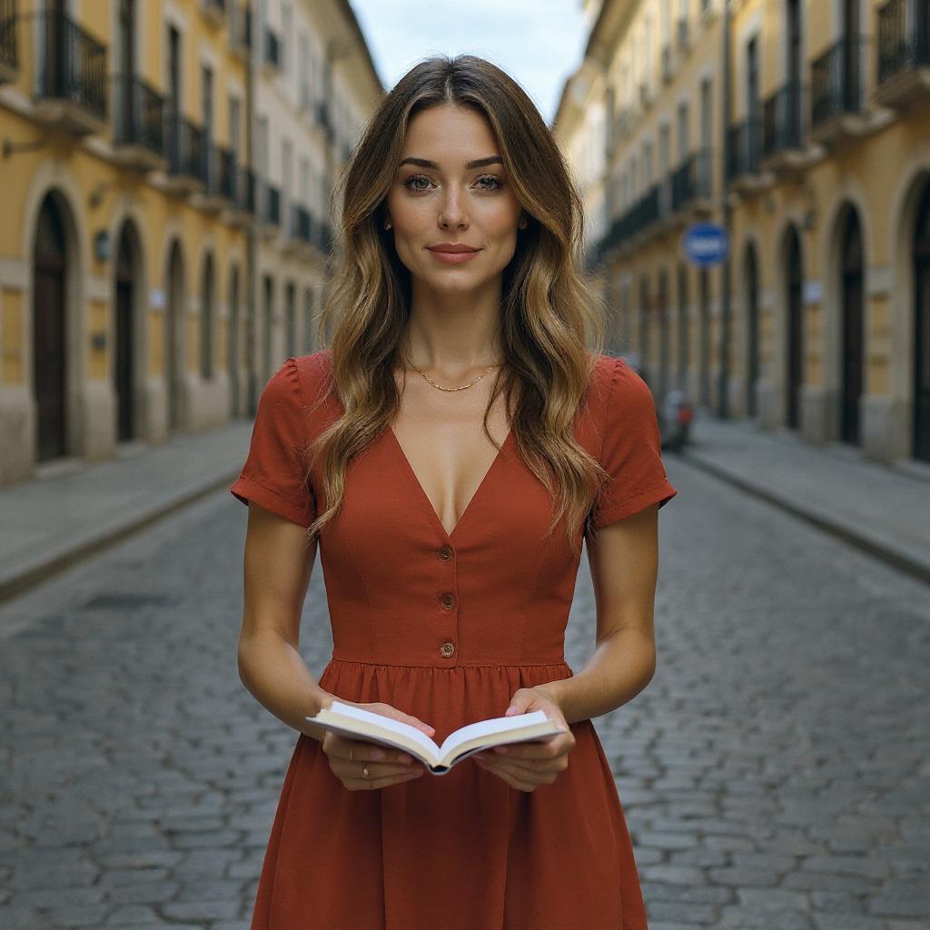make her stand in a street in lisbon wearing a red dress (edit)