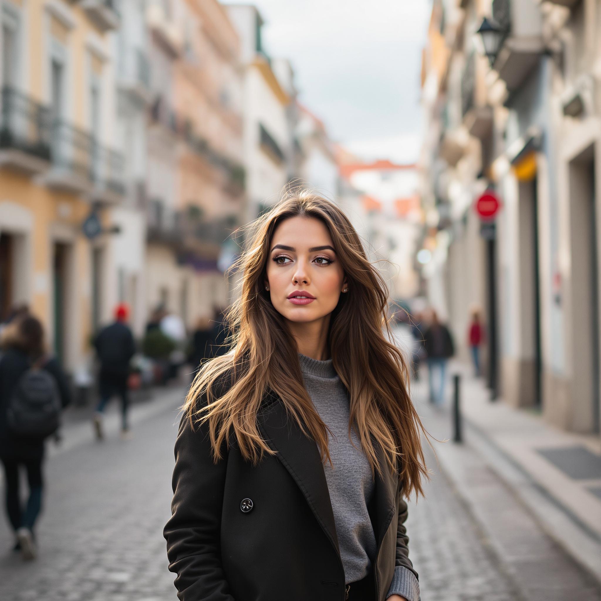 a portrait photo of a beautiful woman standing in the street in lisbon