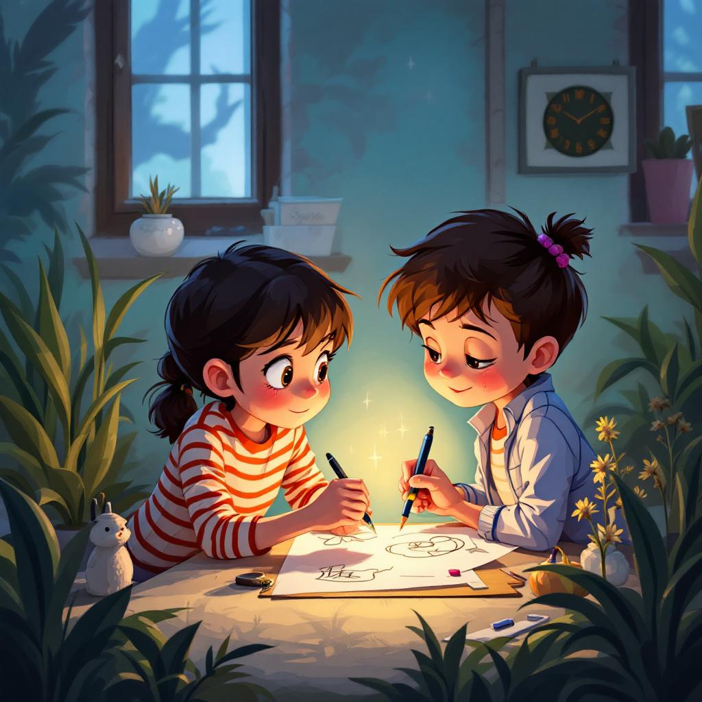 two cartoon characters drawing a picture