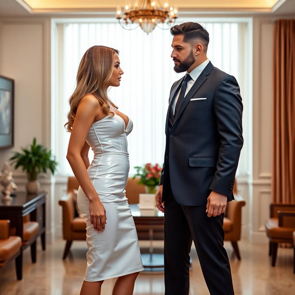 Tall, strong man, dressed in a finely tailored dark suit, neatly trimmed dark brown hair and beard. He stands across from a slim blonde haired woman, dressed in shiny white latex knee length pencil skirt, and a shiny white latex corset over a white silk blouse. They stand facing each other in an elegant office