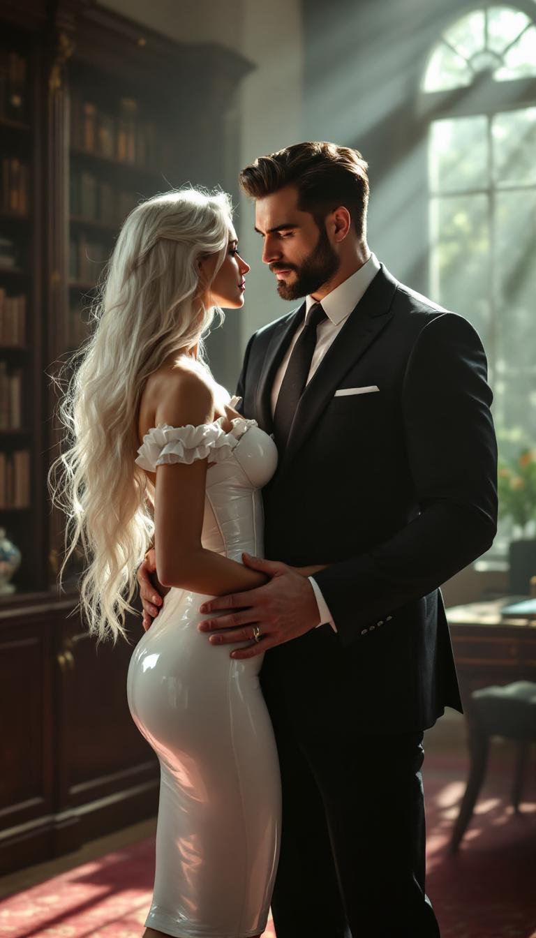 A striking scene in an elegant, victorian office with walls of bookcases and soft dark colored carpets bathed in soft, natural light streaming through large windows during late afternoon. A tall, strong man with a commanding presence stands confidently, dressed in a finely tailored dark charcoal suit with subtle pinstripes, a crisp white shirt, and a silk black tie. His dark brown hair is neatly trimmed, and his well-groomed beard frames a chiseled jawline, exuding sophistication and power. Across from him stands a slim, ethereal woman with long, flowing white hair cascading over her shoulders. She is dressed in a skintight, shiny white latex knee-length pencil skirt that gleams under the light, paired with a matching shiny white latex corset cinched tightly over a delicate white silk blouse with subtle ruffles at the collar. Her posture is poised yet submissive, her pale skin glowing against the glossy textures of her outfit. The two face each other intimately, his large hand resting possessively on her hip, creating a dynamic of tension and allure. The composition is framed from a slight low angle, emphasizing their height and dominance in the space, with the luxurious office decor—dark wood furniture, a minimalist desk, and abstract art on the walls—fading into a soft blur in the background. The mood is intense and charged, with an atmosphere of unspoken desire and control, captured in a hyper-realistic, cinematic style reminiscent of high-end fashion photography, with sharp focus, rich contrasts, and a cool, professional color palette of whites, grays, and deep blacks.