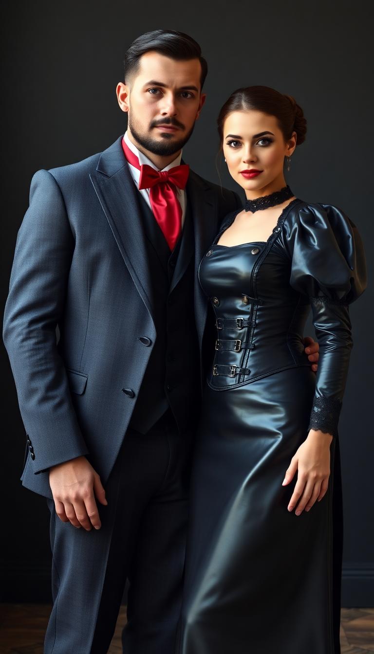A tall man in a victorian style suit, his ascot in blood red and the rest of his suit is dark grey almost black. It is very elegant and well tailored. His dark hair is cut neat and short, his beard and mustache are equally well trimmed. He stands with a beautiful young woman,  dressed in an elegant victorian dress, shiny black latex skirts and petticoats, puffy sleeved shiny latex bolero style jack over a  tightly bound corset of shiny black latex decorated with polished buckles and straps