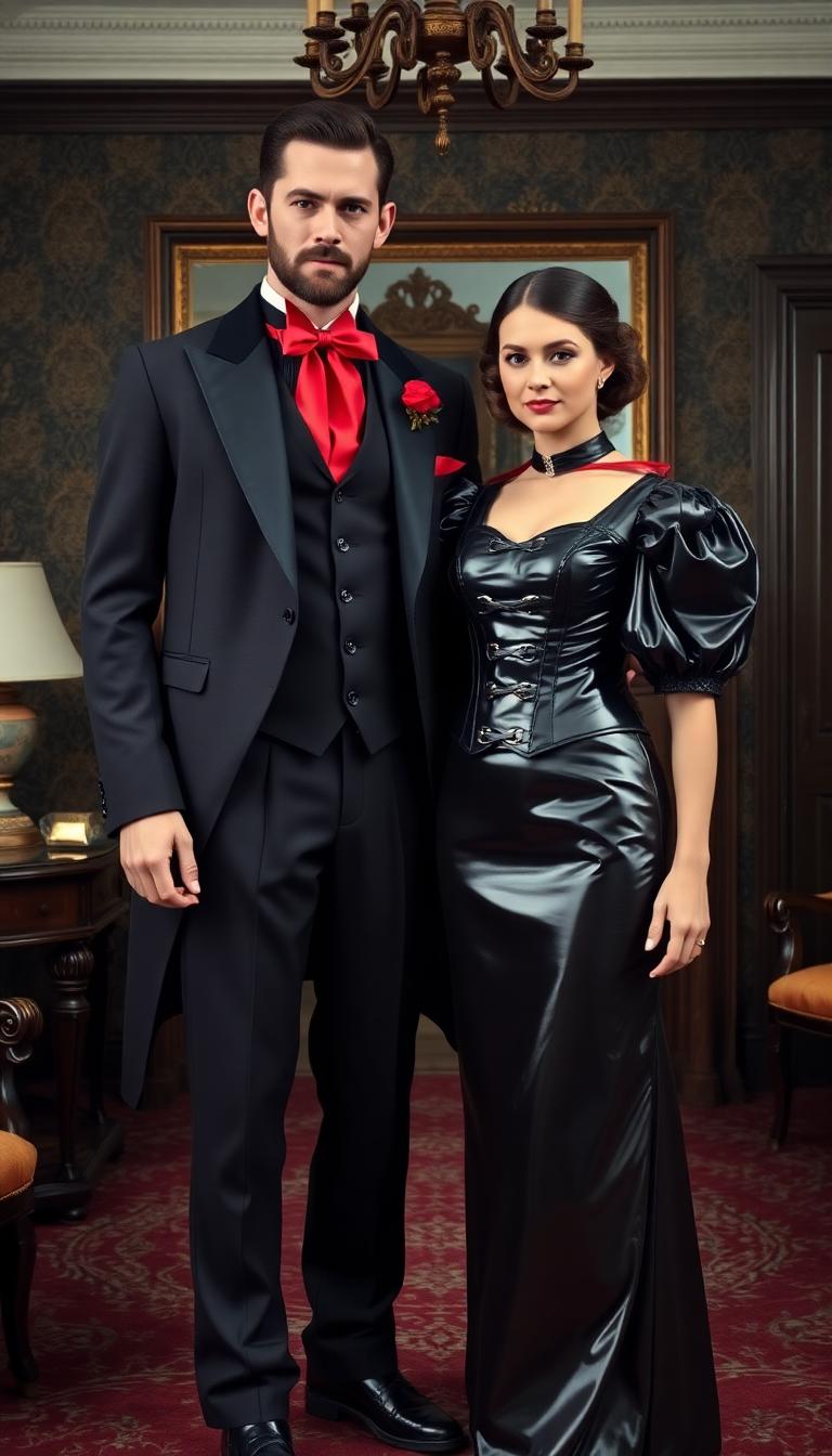 A striking scene set in an opulent Victorian parlour, featuring a tall, distinguished man and a beautiful young woman. The man is dressed in an elegant, well-tailored Victorian suit and waistcoat, crafted from dark grey fabric that borders on black, exuding sophistication. His blood-red ascot adds a bold, dramatic contrast, while his dark hair is neatly cut short, and his beard and mustache are impeccably trimmed. Beside him stands the woman, adorned in a stunning Victorian dress with a unique twist: her skirts and petticoats are made of shiny black latex, catching the light with a glossy sheen. Her ensemble includes a puffy-sleeved, shiny latex bolero-style jacket over a tightly bound corset, also in gleaming black latex, adorned with polished buckles and straps that add intricate detail. The parlour is richly decorated with deep burgundy wallpaper, ornate wooden furniture, and heavy velvet drapes in dark emerald tones, framing a large window that lets in soft, diffused afternoon light. The atmosphere is elegant yet slightly mysterious, with warm golden lighting from a crystal chandelier casting subtle shadows across the polished hardwood floor. The composition focuses on the couple standing close together near the center of the room, framed by the lavish surroundings, with a low camera angle that emphasizes their commanding presence and the grandeur of the setting. The mood is refined and enigmatic, blending Victorian elegance with a modern, edgy aesthetic, rendered in a hyper-realistic style with meticulous attention to texture, reflection, and detail, reminiscent of a classic oil painting by a 19th-century master.