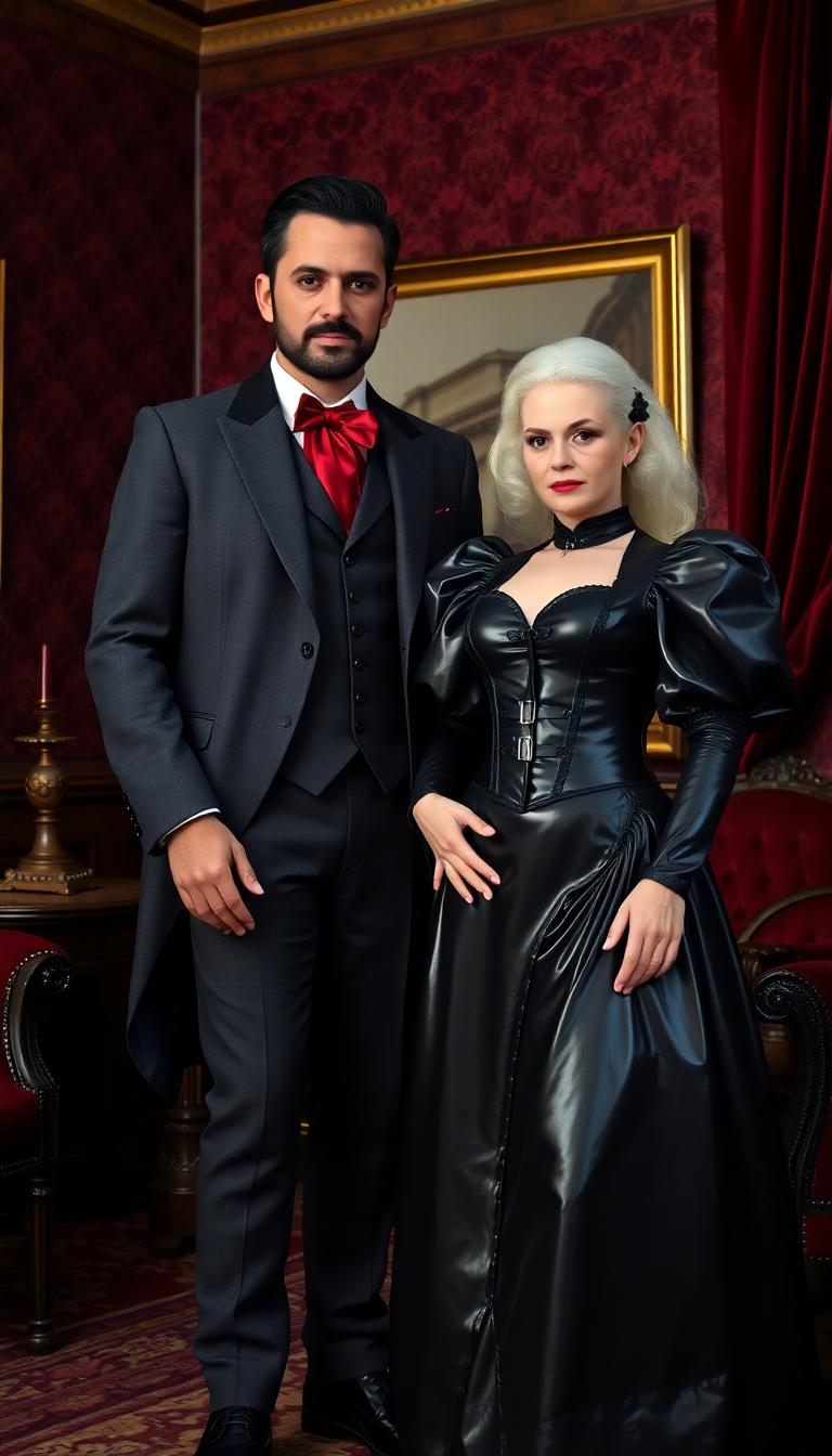 A striking scene set in an opulent Victorian parlour, featuring a tall, distinguished man and a beautiful young woman. The man is dressed in an elegant, well-tailored Victorian suit and waistcoat, crafted from dark grey fabric that borders on black, exuding sophistication. His blood-red ascot adds a bold, dramatic contrast, while his dark hair is neatly cut short, and his beard and mustache are impeccably trimmed. Beside him stands the white haired mature woman, adorned in a stunning Victorian dress with a unique twist: her skirts and petticoats are made of shiny black latex, catching the light with a glossy sheen. Her ensemble includes a puffy-sleeved, shiny latex bolero-style jacket over a tightly bound corset showcasingher ample cleavage, also in gleaming black latex, adorned with polished buckles and straps that add intricate detail. The parlour is richly decorated with deep burgundy wallpaper, ornate wooden furniture, and heavy velvet drapes in dark emerald tones, framing a large window that lets in soft, diffused afternoon light. The atmosphere is elegant yet slightly mysterious, with warm golden lighting from a crystal chandelier casting subtle shadows across the polished hardwood floor. The composition focuses on the couple standing close together near the center of the room, framed by the lavish surroundings, with a low camera angle that emphasizes their commanding presence and the grandeur of the setting. The mood is refined and enigmatic, blending Victorian elegance with a modern, edgy aesthetic, rendered in a hyper-realistic style with meticulous attention to texture, reflection, and detail, reminiscent of a classic oil painting by a 19th-century master.