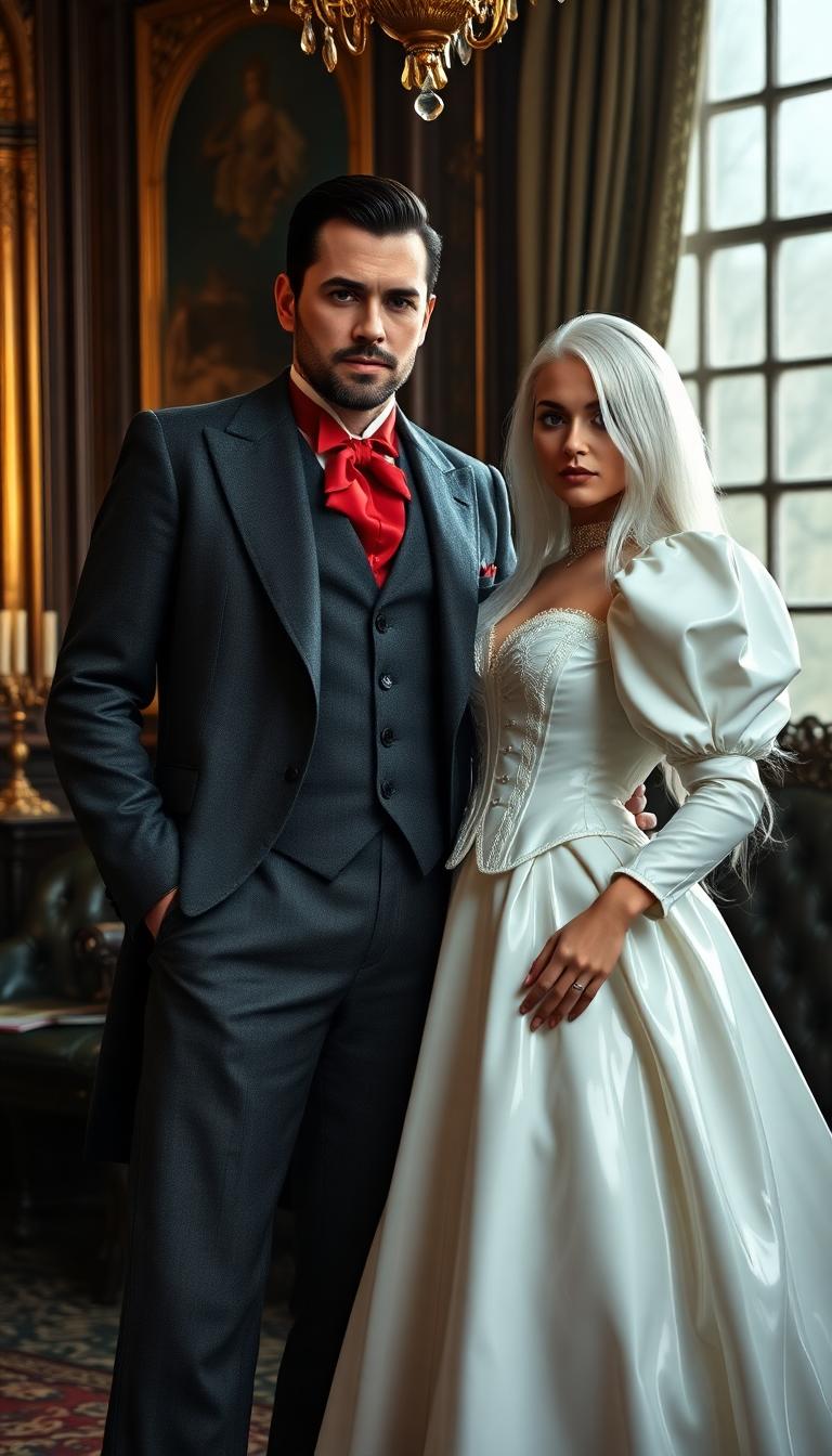 A breathtaking scene unfolds in an opulent Victorian parlour, drenched in luxury and intrigue, featuring a tall, distinguished man and a captivating woman in her mid-30s with waist-length, striking white hair. The man exudes timeless sophistication in a meticulously tailored Victorian suit and waistcoat, crafted from dark grey fabric that teeters on the edge of black, absorbing the light with a subtle sheen. A bold blood-red ascot punctuates his ensemble, drawing the eye with dramatic flair, while his short, neatly trimmed dark hair and impeccably groomed beard and mustache enhance his commanding aura. Beside him, the woman captivates in a Victorian dress with a daring twist—her voluminous skirts and petticoats are fashioned from glossy white latex, reflecting the light with a mirror-like finish. Her outfit is completed by a puffy-sleeved, shiny white latex bolero-style jacket draped over a tightly cinched corset, also in gleaming white latex, accentuating her ample cleavage and adorned with polished buckles and intricate straps that catch the eye with their detailed craftsmanship.

The parlour itself is a masterpiece of Victorian decadence, with deep burgundy wallpaper embossed with subtle damask patterns, richly carved wooden furniture upholstered in plush fabrics, and heavy velvet drapes in dark emerald tones cascading around a large window. Soft, diffused afternoon light filters through sheer under-curtains, casting a gentle glow across the space, while a crystal chandelier above radiates warm golden light, creating delicate highlights and subtle shadows on the polished hardwood floor. The composition centers on the couple, standing intimately close near the heart of the room, their elegant figures framed by the lavish surroundings. A low camera angle amplifies their commanding presence, emphasizing the towering grandeur of the setting and their poised statures.

The atmosphere is one of refined enigma, blending the ornate elegance of the Victorian era with a modern, edgy aesthetic through the woman’s unconventional latex attire. The mood is both sophisticated and mysterious, with the interplay of warm lighting and cool shadows adding depth to the scene. Rendered in a hyper-realistic style, the image captures every intricate detail— from the reflective gloss of the white latex to the soft texture of the velvet drapes and the fine grain of the wooden furniture— reminiscent of a classic 19th-century oil painting by a master artist, with meticulous attention to texture, light reflection, and lifelike detail.
