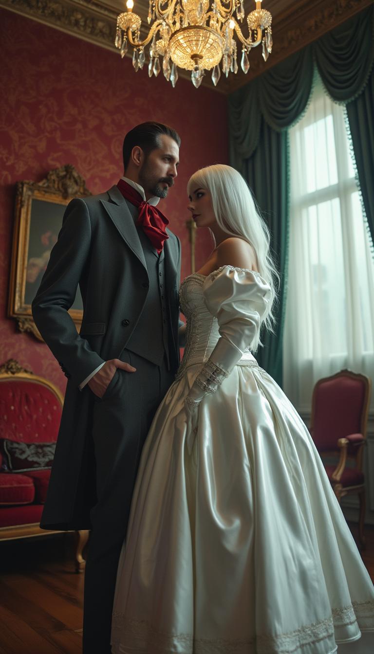 A breathtaking scene unfolds in an opulent Victorian parlour, drenched in luxury and intrigue, featuring a tall, distinguished man and a captivating woman in her mid-30s with waist-length, striking white hair. The man exudes timeless sophistication in a meticulously tailored Victorian suit and waistcoat, crafted from dark grey fabric that teeters on the edge of black, absorbing the light with a subtle sheen. A bold blood-red ascot punctuates his ensemble, drawing the eye with dramatic flair, while his short, neatly trimmed dark hair and impeccably groomed beard and mustache enhance his commanding aura. Beside him, the woman captivates in a Victorian dress with a daring twist—her voluminous skirts and petticoats are fashioned from glossy white latex, reflecting the light with a mirror-like finish. Her outfit is completed by a puffy-sleeved, shiny white latex bolero-style jacket draped over a tightly cinched corset, also in gleaming white latex, accentuating her ample cleavage and adorned with polished buckles and intricate straps that catch the eye with their detailed craftsmanship.

The parlour itself is a masterpiece of Victorian decadence, with deep burgundy wallpaper embossed with subtle damask patterns, richly carved wooden furniture upholstered in plush fabrics, and heavy velvet drapes in dark emerald tones cascading around a large window. Soft, diffused afternoon light filters through sheer under-curtains, casting a gentle glow across the space, while a crystal chandelier above radiates warm golden light, creating delicate highlights and subtle shadows on the polished hardwood floor. The composition centers on the couple, standing intimately close near the heart of the room, their elegant figures framed by the lavish surroundings. A low camera angle amplifies their commanding presence, emphasizing the towering grandeur of the setting and their poised statures.

The atmosphere is one of refined enigma, blending the ornate elegance of the Victorian era with a modern, edgy aesthetic through the woman’s unconventional latex attire. The mood is both sophisticated and mysterious, with the interplay of warm lighting and cool shadows adding depth to the scene. Rendered in a hyper-realistic style, the image captures every intricate detail— from the reflective gloss of the white latex to the soft texture of the velvet drapes and the fine grain of the wooden furniture— reminiscent of a classic 19th-century oil painting by a master artist, with meticulous attention to texture, light reflection, and lifelike detail.