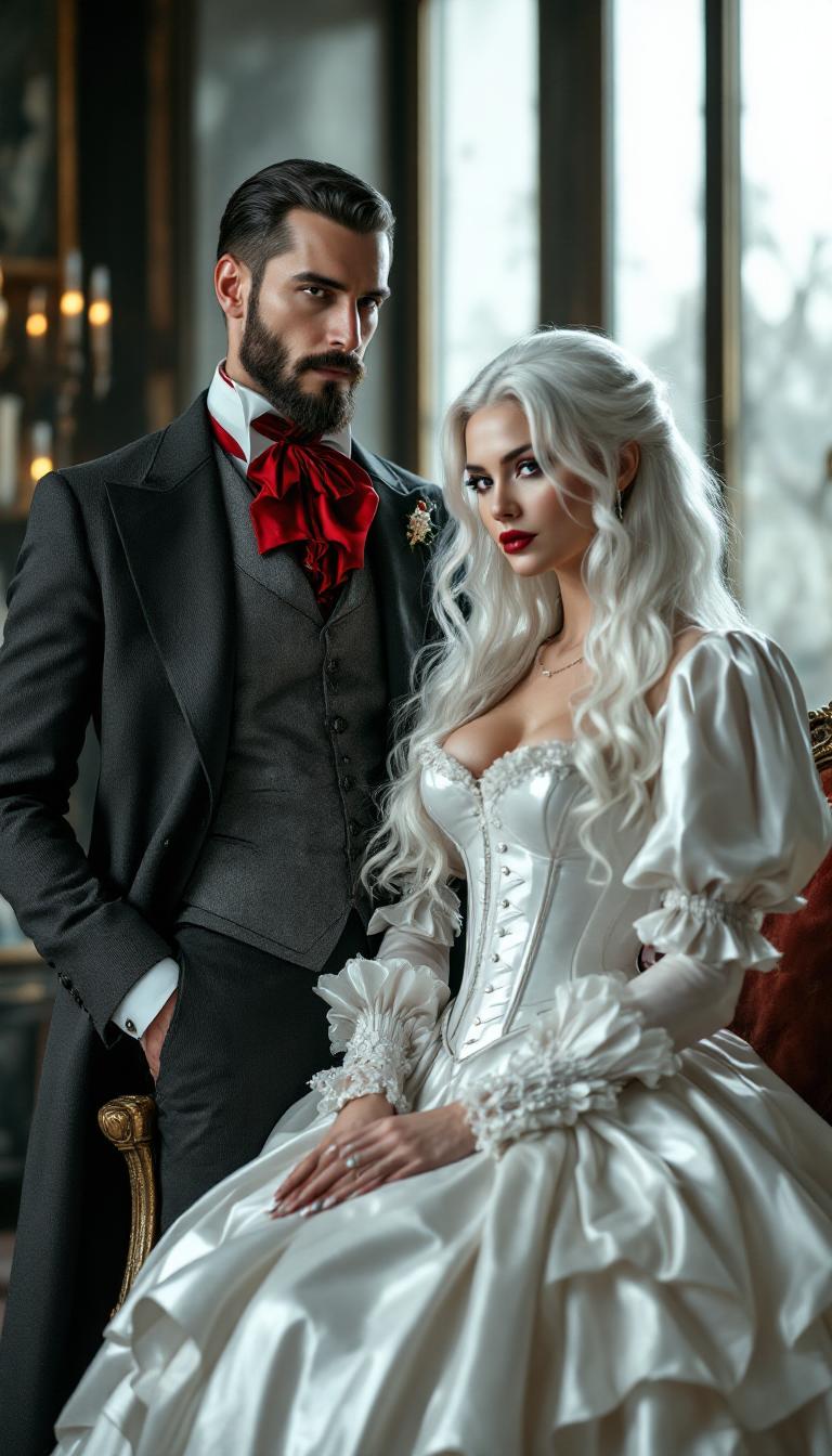 A breathtaking scene unfolds in an opulent Victorian parlour, drenched in luxury and intrigue, featuring a tall, distinguished man and a captivating woman in her mid-30s with waist-length, striking white hair. The man exudes timeless sophistication in a meticulously tailored Victorian suit and waistcoat, crafted from dark grey fabric that teeters on the edge of black, absorbing the light with a subtle sheen. A bold blood-red ascot punctuates his ensemble, drawing the eye with dramatic flair, while his short, neatly trimmed dark hair and impeccably groomed beard and mustache enhance his commanding aura. Beside him, the woman captivates in a Victorian dress with a daring twist—her voluminous skirts and petticoats are fashioned from glossy white latex, reflecting the light with a mirror-like finish. Her outfit is completed by a puffy-sleeved, shiny white latex bolero-style jacket draped over a tightly cinched corset, also in gleaming white latex, accentuating her ample cleavage and adorned with polished buckles and intricate straps that catch the eye with their detailed craftsmanship.

The parlour itself is a masterpiece of Victorian decadence, with deep burgundy wallpaper embossed with subtle damask patterns, richly carved wooden furniture upholstered in plush fabrics, and heavy velvet drapes in dark emerald tones cascading around a large window. Soft, diffused afternoon light filters through sheer under-curtains, casting a gentle glow across the space, while a crystal chandelier above radiates warm golden light, creating delicate highlights and subtle shadows on the polished hardwood floor. The composition centers on the couple, standing intimately close near the heart of the room, their elegant figures framed by the lavish surroundings. A low camera angle amplifies their commanding presence, emphasizing the towering grandeur of the setting and their poised statures.

The atmosphere is one of refined enigma, blending the ornate elegance of the Victorian era with a modern, edgy aesthetic through the woman’s unconventional latex attire. The mood is both sophisticated and mysterious, with the interplay of warm lighting and cool shadows adding depth to the scene. Rendered in a hyper-realistic style, the image captures every intricate detail— from the reflective gloss of the white latex to the soft texture of the velvet drapes and the fine grain of the wooden furniture— reminiscent of a classic 19th-century oil painting by a master artist, with meticulous attention to texture, light reflection, and lifelike detail.