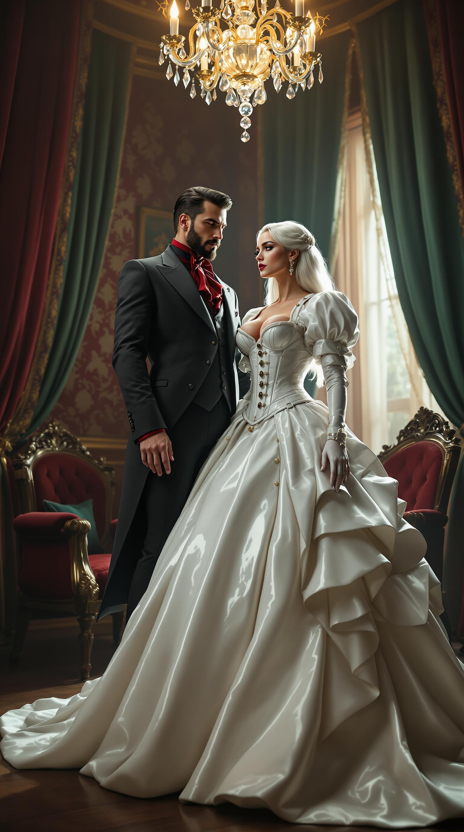 A breathtaking scene unfolds in an opulent Victorian parlour, drenched in luxury and intrigue, featuring a tall, distinguished man and a captivating woman in her mid-30s with waist-length, striking white hair. The man exudes timeless sophistication in a meticulously tailored Victorian suit and waistcoat, crafted from dark grey fabric that teeters on the edge of black, absorbing the light with a subtle sheen. A bold blood-red ascot punctuates his ensemble, drawing the eye with dramatic flair, while his short, neatly trimmed dark hair and impeccably groomed beard and mustache enhance his commanding aura. Beside him, the woman captivates in a Victorian dress with a daring twist—her voluminous skirts and petticoats are fashioned from glossy white latex, reflecting the light with a mirror-like finish. Her outfit is completed by a puffy-sleeved, shiny white latex bolero-style jacket draped over a tightly cinched corset, also in gleaming white latex, accentuating her ample cleavage and adorned with polished buckles and intricate straps that catch the eye with their detailed craftsmanship.

The parlour itself is a masterpiece of Victorian decadence, with deep burgundy wallpaper embossed with subtle damask patterns, richly carved wooden furniture upholstered in plush fabrics, and heavy velvet drapes in dark emerald tones cascading around a large window. Soft, diffused afternoon light filters through sheer under-curtains, casting a gentle glow across the space, while a crystal chandelier above radiates warm golden light, creating delicate highlights and subtle shadows on the polished hardwood floor. The composition centers on the couple, standing intimately close near the heart of the room, their elegant figures framed by the lavish surroundings. A low camera angle amplifies their commanding presence, emphasizing the towering grandeur of the setting and their poised statures.

The atmosphere is one of refined enigma, blending the ornate elegance of the Victorian era with a modern, edgy aesthetic through the woman’s unconventional latex attire. The mood is both sophisticated and mysterious, with the interplay of warm lighting and cool shadows adding depth to the scene. Rendered in a hyper-realistic style, the image captures every intricate detail— from the reflective gloss of the white latex to the soft texture of the velvet drapes and the fine grain of the wooden furniture— reminiscent of a classic 19th-century oil painting by a master artist, with meticulous attention to texture, light reflection, and lifelike detail.
