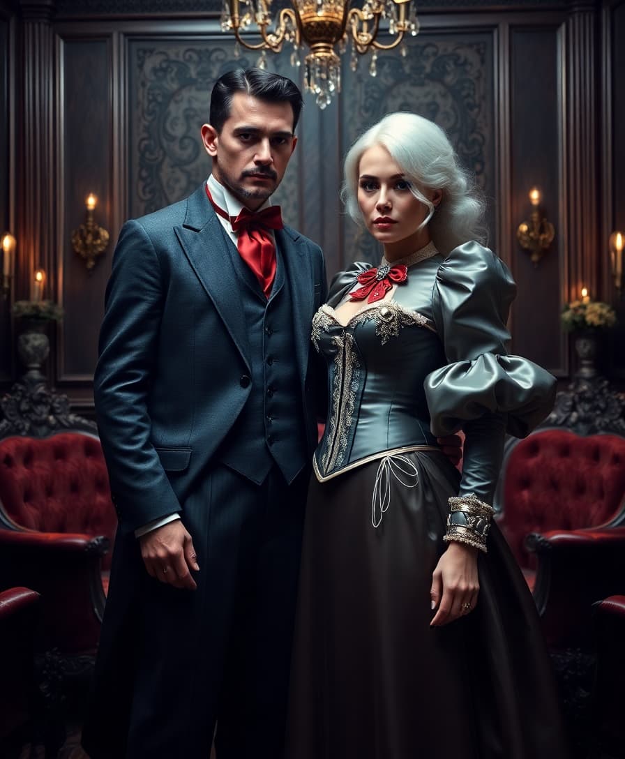 A breathtaking scene of opulent Victorian decadence unfolds in a luxurious parlour, steeped in elegance and intrigue. The composition centers on a tall, distinguished man and a captivating white haired woman in her mid-30s, standing intimately close at the heart of the room. The man exudes timeless sophistication in a meticulously tailored Victorian suit and waistcoat, crafted from dark grey fabric that hovers near black, absorbing light with a subtle, refined sheen. A striking blood-red ascot punctuates his attire, commanding attention with dramatic flair, while his short, neatly trimmed dark hair and impeccably groomed beard and mustache enhance his commanding, regal aura. Beside him, the white haired woman mesmerizes in a Victorian dress with an avant-garde edge—voluminous skirts and petticoats made of glossy white latex that reflect light with a mirror-like finish, paired with a puffy-sleeved, shiny white latex bolero-style jacket over a tightly cinched corset, also in gleaming white latex. The corset accentuates her ample cleavage, adorned with polished buckles and intricate straps that showcase meticulous craftsmanship and catch the light with every subtle movement.

The parlour is a masterpiece of Victorian grandeur, featuring deep burgundy wallpaper embossed with delicate damask patterns, richly carved wooden furniture upholstered in plush, textured fabrics, and heavy velvet drapes in dark emerald tones cascading around a large window. Soft, diffused afternoon light filters through sheer under-curtains, casting a warm, ethereal glow across the space, while a crystal chandelier overhead radiates golden light, creating delicate highlights and intricate shadows on the polished hardwood floor. The low camera angle amplifies the couple’s commanding presence, emphasizing their poised statures and the towering grandeur of the ornate surroundings, framing them as the focal point of this lavish scene.

The atmosphere blends refined enigma with a modern, edgy twist, marrying the ornate elegance of the Victorian era with the woman’s unconventional latex attire. The mood is sophisticated yet mysterious, with warm lighting interplaying with cool, subtle shadows to add depth and dimension. Rendered in a hyper-realistic style reminiscent of a classic 19th-century oil painting by a master artist, the image captures every intricate detail: the reflective, almost liquid gloss of the white latex, the soft, sumptuous texture of the velvet drapes, the fine grain of the polished wooden furniture, and the lifelike rendering of fabrics and skin tones. The scene is enriched with meticulous attention to texture, light reflection, and shadow play, evoking a sense of timeless beauty and captivating drama.