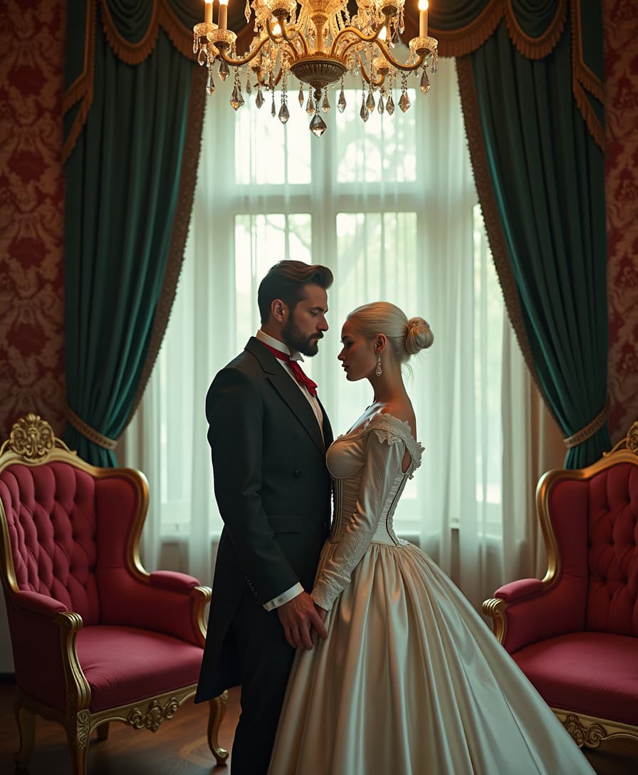 A breathtaking scene of opulent Victorian decadence, set in a luxurious parlour exuding elegance and intrigue. At the center of the composition stands a tall, distinguished man and a captivating white-haired woman in her mid-30s, positioned intimately close, commanding the viewer's attention. The man radiates timeless sophistication in a meticulously tailored Victorian suit and waistcoat of dark grey fabric, nearly black, with a subtle, refined sheen that absorbs light. A striking blood-red ascot adds a dramatic flair, while his short, neatly trimmed dark hair, impeccably groomed beard, and mustache enhance his regal, commanding aura. Beside him, the woman mesmerizes in an avant-garde Victorian dress—voluminous skirts and petticoats of glossy white latex reflecting light with a mirror-like finish, paired with a puffy-sleeved, shiny white latex bolero-style jacket over a tightly cinched corset, also in gleaming white latex. The corset accentuates her ample cleavage, adorned with polished buckles and intricate straps that catch the light with every subtle movement, showcasing meticulous craftsmanship.

The parlour is a masterpiece of Victorian grandeur, with deep burgundy wallpaper embossed with delicate damask patterns, richly carved wooden furniture upholstered in plush, textured fabrics, and heavy velvet drapes in dark emerald tones cascading around a large window. Soft, diffused afternoon light filters through sheer under-curtains, casting a warm, ethereal glow across the room, while a crystal chandelier overhead radiates golden light, creating delicate highlights and intricate shadows on the polished hardwood floor. The low camera angle amplifies the couple’s towering presence, emphasizing their poised statures and the ornate surroundings, framing them as the undeniable focal point of this lavish scene.

The atmosphere blends refined enigma with a modern, edgy twist, marrying the ornate elegance of the Victorian era with the woman’s unconventional latex attire. The mood is sophisticated yet mysterious, with warm lighting interplaying with cool, subtle shadows to add depth and dimension. Rendered in a hyper-realistic style reminiscent of a classic 19th-century oil painting by a master artist like John Singer Sargent, the image captures every intricate detail: the reflective, almost liquid gloss of the white latex, the soft, sumptuous texture of the velvet drapes, the fine grain of the polished wooden furniture, and the lifelike rendering of fabrics and skin tones. The scene is enriched with meticulous attention to texture, light reflection, and shadow play, evoking a sense of timeless beauty and captivating drama, with a balanced composition that draws the