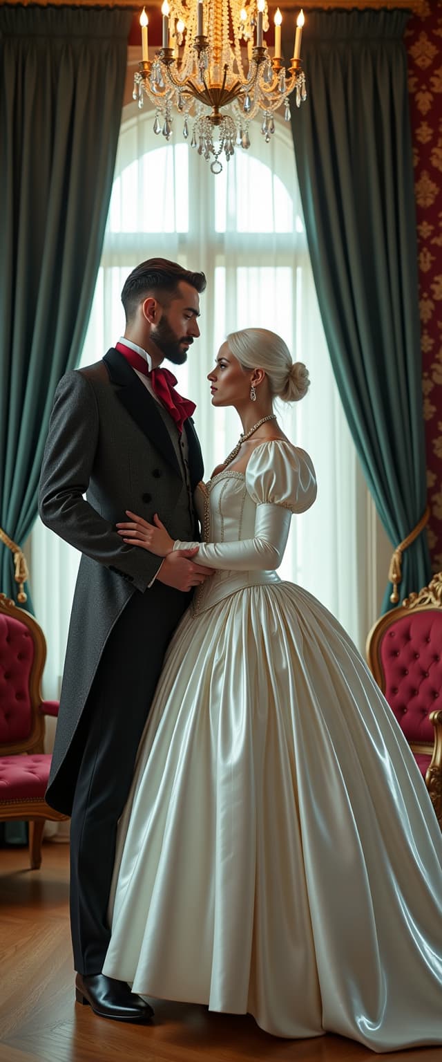 A breathtaking scene of opulent Victorian decadence, set in a luxurious parlour exuding elegance and intrigue. At the center of the composition stands a tall, distinguished man and a captivating white-haired woman in her mid-30s, positioned intimately close, commanding the viewer's attention. The man radiates timeless sophistication in a meticulously tailored Victorian suit and waistcoat of dark grey fabric, nearly black, with a subtle, refined sheen that absorbs light. A striking blood-red ascot adds a dramatic flair, while his short, neatly trimmed dark hair, impeccably groomed beard, and mustache enhance his regal, commanding aura. Beside him, the woman mesmerizes in an avant-garde Victorian dress—voluminous skirts and petticoats of glossy white latex reflecting light with a mirror-like finish, paired with a puffy-sleeved, shiny white latex bolero-style jacket over a tightly cinched corset, also in gleaming white latex. The corset accentuates her ample cleavage, adorned with polished buckles and intricate straps that catch the light with every subtle movement, showcasing meticulous craftsmanship.

The parlour is a masterpiece of Victorian grandeur, with deep burgundy wallpaper embossed with delicate damask patterns, richly carved wooden furniture upholstered in plush, textured fabrics, and heavy velvet drapes in dark emerald tones cascading around a large window. Soft, diffused afternoon light filters through sheer under-curtains, casting a warm, ethereal glow across the room, while a crystal chandelier overhead radiates golden light, creating delicate highlights and intricate shadows on the polished hardwood floor. The low camera angle amplifies the couple’s towering presence, emphasizing their poised statures and the ornate surroundings, framing them as the undeniable focal point of this lavish scene.

The atmosphere blends refined enigma with a modern, edgy twist, marrying the ornate elegance of the Victorian era with the woman’s unconventional latex attire. The mood is sophisticated yet mysterious, with warm lighting interplaying with cool, subtle shadows to add depth and dimension. Rendered in a hyper-realistic style reminiscent of a classic 19th-century oil painting by a master artist like John Singer Sargent, the image captures every intricate detail: the reflective, almost liquid gloss of the white latex, the soft, sumptuous texture of the velvet drapes, the fine grain of the polished wooden furniture, and the lifelike rendering of fabrics and skin tones. The scene is enriched with meticulous attention to texture, light reflection, and shadow play, evoking a sense of timeless beauty and captivating drama, with a balanced composition that draws the