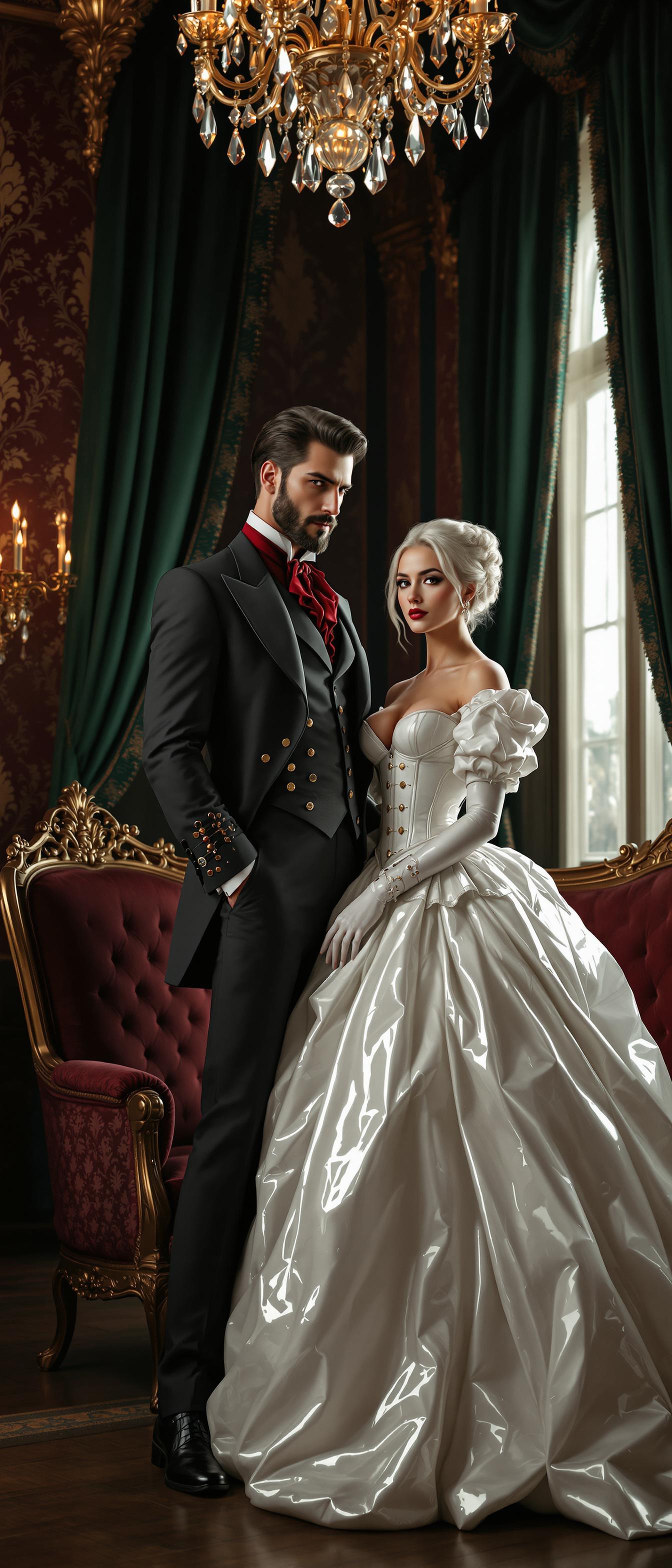 A breathtaking scene of opulent Victorian decadence, set in a luxurious parlour exuding elegance and intrigue. At the center of the composition stands a tall, distinguished man and a captivating white-haired woman in her mid-30s, positioned intimately close, commanding the viewer's attention. The man radiates timeless sophistication in a meticulously tailored Victorian suit and waistcoat of dark grey fabric, nearly black, with a subtle, refined sheen that absorbs light. A striking blood-red ascot adds a dramatic flair, while his short, neatly trimmed dark hair, impeccably groomed beard, and mustache enhance his regal, commanding aura. Beside him, the woman mesmerizes in an avant-garde Victorian dress—voluminous skirts and petticoats of glossy white latex reflecting light with a mirror-like finish, paired with a puffy-sleeved, shiny white latex bolero-style jacket over a tightly cinched corset, also in gleaming white latex. The corset accentuates her ample cleavage, adorned with polished buckles and intricate straps that catch the light with every subtle movement, showcasing meticulous craftsmanship.

The parlour is a masterpiece of Victorian grandeur, with deep burgundy wallpaper embossed with delicate damask patterns, richly carved wooden furniture upholstered in plush, textured fabrics, and heavy velvet drapes in dark emerald tones cascading around a large window. Soft, diffused afternoon light filters through sheer under-curtains, casting a warm, ethereal glow across the room, while a crystal chandelier overhead radiates golden light, creating delicate highlights and intricate shadows on the polished hardwood floor. The low camera angle amplifies the couple’s towering presence, emphasizing their poised statures and the ornate surroundings, framing them as the undeniable focal point of this lavish scene.

The atmosphere blends refined enigma with a modern, edgy twist, marrying the ornate elegance of the Victorian era with the woman’s unconventional latex attire. The mood is sophisticated yet mysterious, with warm lighting interplaying with cool, subtle shadows to add depth and dimension. Rendered in a hyper-realistic style reminiscent of a classic 19th-century oil painting by a master artist like John Singer Sargent, the image captures every intricate detail: the reflective, almost liquid gloss of the white latex, the soft, sumptuous texture of the velvet drapes, the fine grain of the polished wooden furniture, and the lifelike rendering of fabrics and skin tones. The scene is enriched with meticulous attention to texture, light reflection, and shadow play, evoking a sense of timeless beauty and captivating drama, with a balanced composition that draws the
