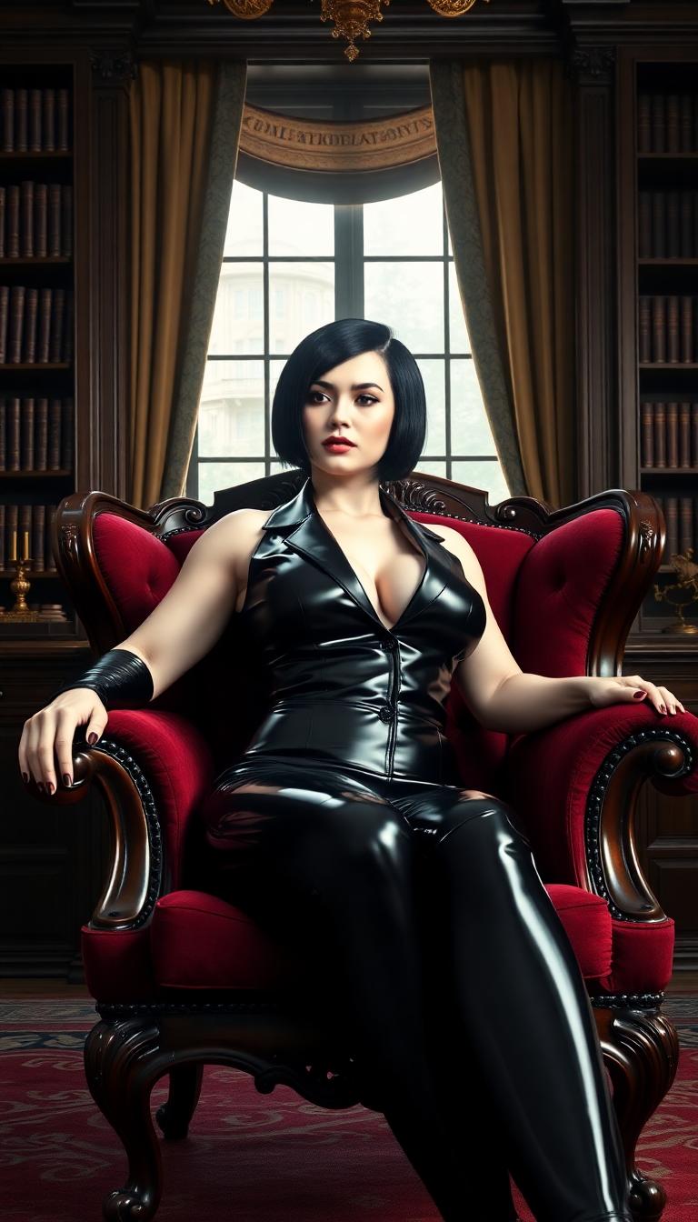 A powerfully built, pale white woman with striking, shiny black hair cut into a sleek, shoulder-length bob, reclining confidently in a large, ornate antique chair with intricate wood carvings and deep burgundy velvet upholstery. The setting is an elegant, dimly lit law office, featuring towering mahogany bookshelves filled with leather-bound tomes, a polished wooden desk adorned with vintage brass accessories, and a large window with heavy drapes partially drawn, allowing soft, golden afternoon light to filter in. She wears a glossy, shiny black latex business suit that clings tightly to her well-muscled, buxom frame, emphasizing her strength and curves with a reflective sheen that catches the ambient light. The composition focuses on her as the central subject, positioned slightly off-center in a relaxed yet commanding pose, one arm draped over the chair’s armrest, with a low camera angle looking up to enhance her imposing presence. The artistic style is hyper-realistic with a cinematic quality, inspired by dramatic portrait photography, utilizing sharp contrasts between the dark, rich tones of the office and the sleek, reflective texture of her suit. The mood is sophisticated and intense, with a quiet, authoritative atmosphere, underscored by subtle shadows and a warm, moody lighting scheme that evokes a sense of timeless power and control.