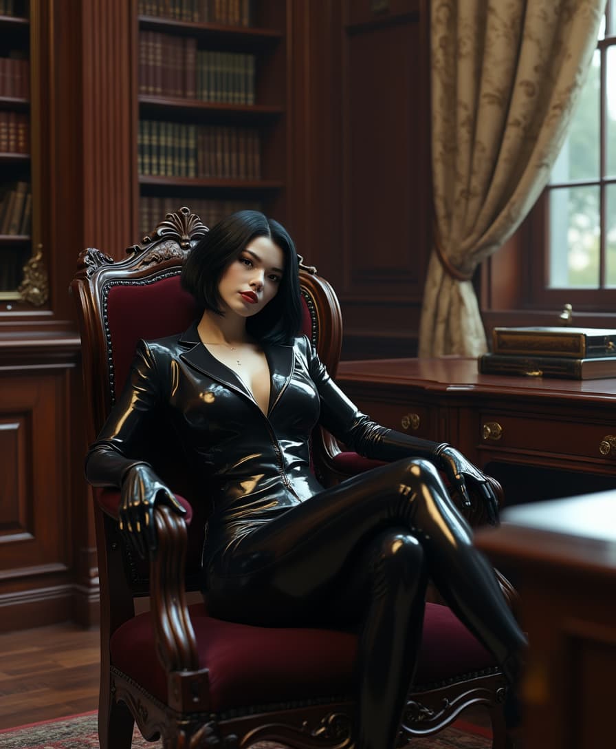 A powerfully built, pale white woman with striking, shiny black hair cut into a sleek, shoulder-length bob, reclining confidently in a large, ornate antique chair with intricate wood carvings and deep burgundy velvet upholstery. The setting is an elegant, dimly lit law office, featuring towering mahogany bookshelves filled with leather-bound tomes, a polished wooden desk adorned with vintage brass accessories, and a large window with heavy drapes partially drawn, allowing soft, golden afternoon light to filter in. She wears a glossy, shiny black latex business suit that clings tightly to her well-muscled, buxom frame, emphasizing her strength and curves with a reflective sheen that catches the ambient light. The composition focuses on her as the central subject, positioned slightly off-center in a relaxed yet commanding pose, one arm draped over the chair’s armrest, with a low camera angle looking up to enhance her imposing presence. The artistic style is hyper-realistic with a cinematic quality, inspired by dramatic portrait photography, utilizing sharp contrasts between the dark, rich tones of the office and the sleek, reflective texture of her suit. The mood is sophisticated and intense, with a quiet, authoritative atmosphere, underscored by subtle shadows and a warm, moody lighting scheme that evokes a sense of timeless power and control.