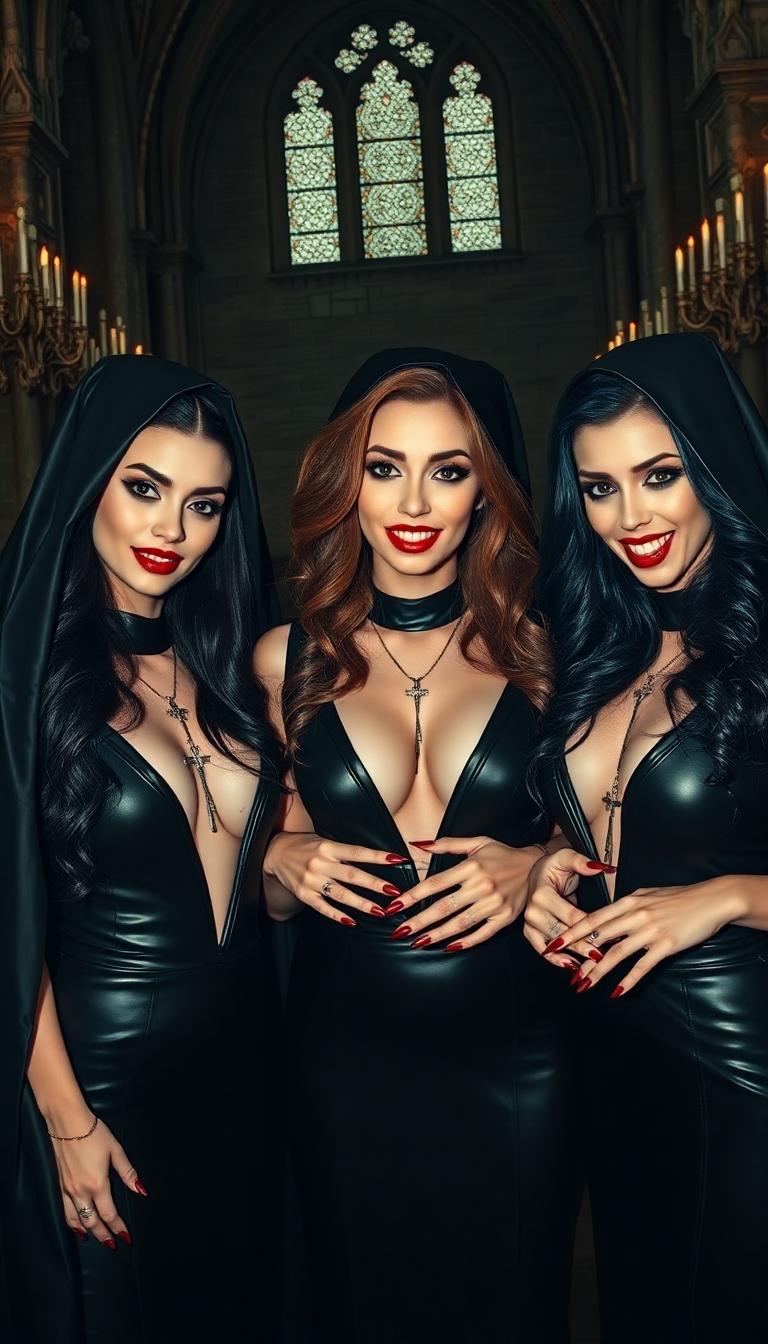 A haunting and provocative scene featuring three vampire queens, all striking women in their mid-30s, exuding dark beauty and vampiric allure. Their pale, porcelain skin contrasts sharply with blood-red lips and long, sharp fingernails painted in the same crimson hue. They are dressed in skin-tight, shiny black latex nun habits, provocatively revealing, with plunging necklines and high slits that emphasize their seductive yet sinister presence. Each wears an inverted crucifix pendant, a symbol of their defiance and corruption. Their long, voluminous hair cascades freely in waves and curls—raven black, deep auburn, and midnight blue—framing their cruel, wicked smiles that reveal sharp fangs and hint at their sinful, debauched nature.

The setting is a dark, foreboding gothic cathedral, its ancient stone walls cracked and desecrated, draped in shadows and flickering light from ornate gothic sconces and countless dripping candles. The air is thick with an obscene, corrupted atmosphere, as if the sanctity of the space has been violated beyond redemption. Stained glass windows, shattered in places, cast eerie, fragmented light in deep reds and blues across the scene. The cathedral's altar looms in the background, defaced with arcane symbols and smeared with dark, dried stains.

The composition centers the three queens in a commanding triangular formation, standing confidently on the cathedral's cold, cracked stone floor. The central queen stands slightly forward, her posture dominant, while the other two flank her with subtle smirks, their hands resting on their hips or gesturing with a predatory elegance. They wear towering black latex high-heeled boots, the glossy material reflecting the dim candlelight, adding to their imposing and dangerous aura. The camera angle is slightly low, looking up at them to emphasize their power and menace, with the cathedral's towering arches and shadowed ceiling stretching ominously above.

The mood is sinister and seductive, steeped in gothic horror and forbidden desire. The atmosphere feels heavy, as if laden with the weight of ancient sins, with a cold, damp chill permeating the air. The lighting is dramatic, with warm, flickering candlelight casting long, jagged shadows that dance across the walls, contrasted by the cool, ghostly glow of moonlight seeping through the broken windows. The artistic style is inspired by dark romanticism and gothic art, reminiscent of Caravaggio's chiaroscuro, with high contrast between light and shadow to enhance the dramatic tension. The image is hyper-detailed, capturing the glossy texture of the latex, the intricate decay of the cathedral's architecture, and the predatory gl